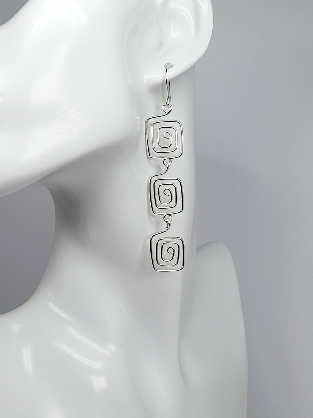 Handmade Silver‑Plated Square Spiral Earrings, Large Geometric Statement Dangle Jewellery