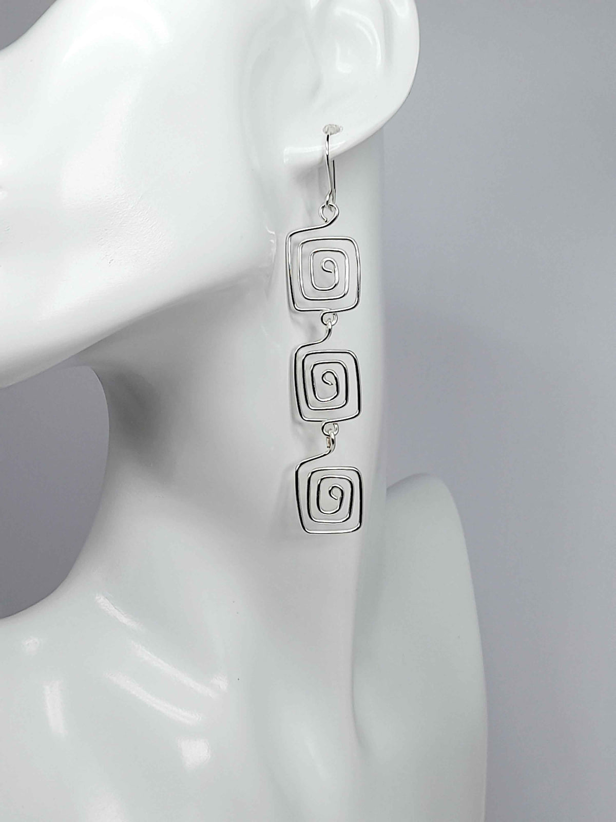 Handmade Silver‑Plated Square Spiral Earrings, Large Geometric Statement Dangle Jewellery