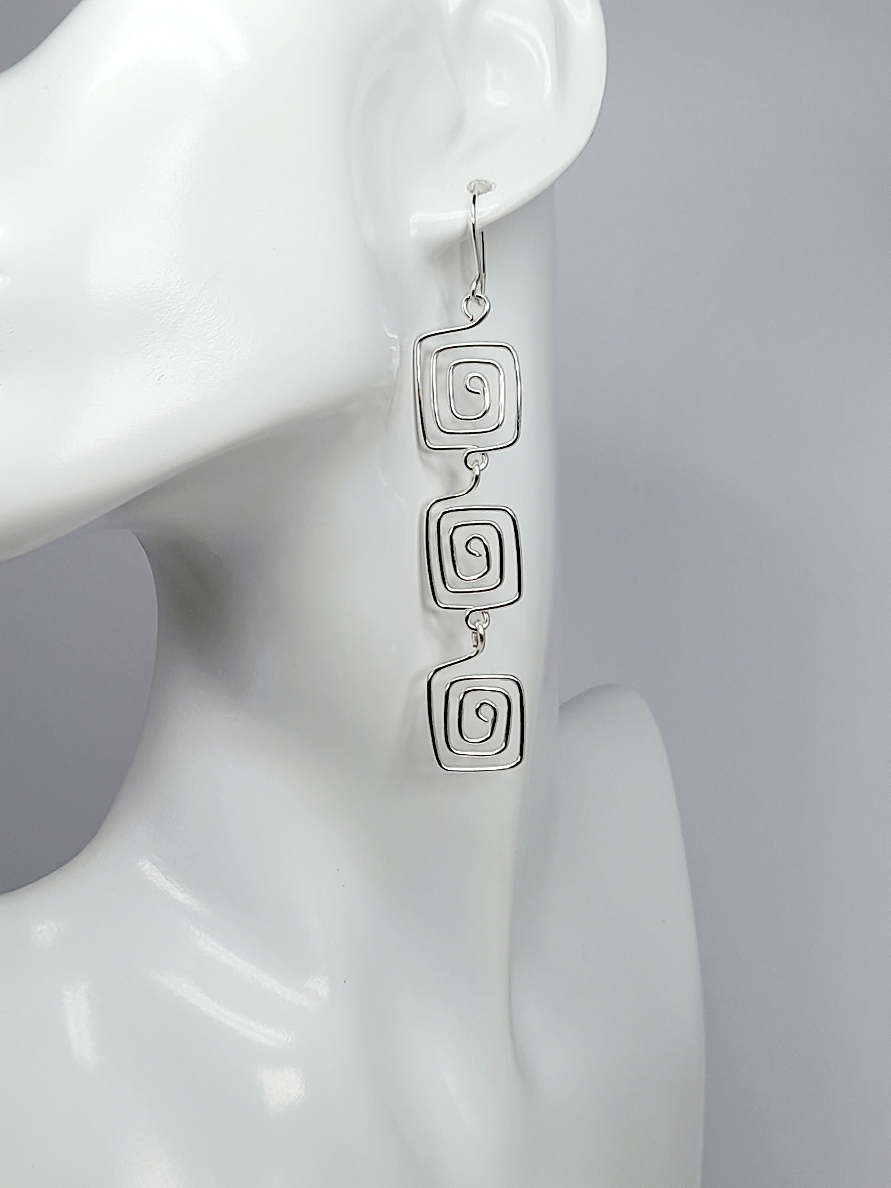 Handmade Silver‑Plated Square Spiral Earrings, Large Geometric Statement Dangle Jewellery