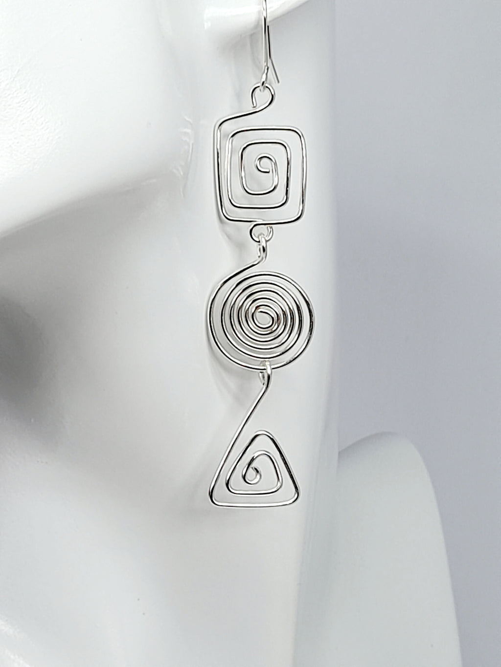 Geometric Silver Spiral Earrings, Handmade Lightweight Statement Dangles