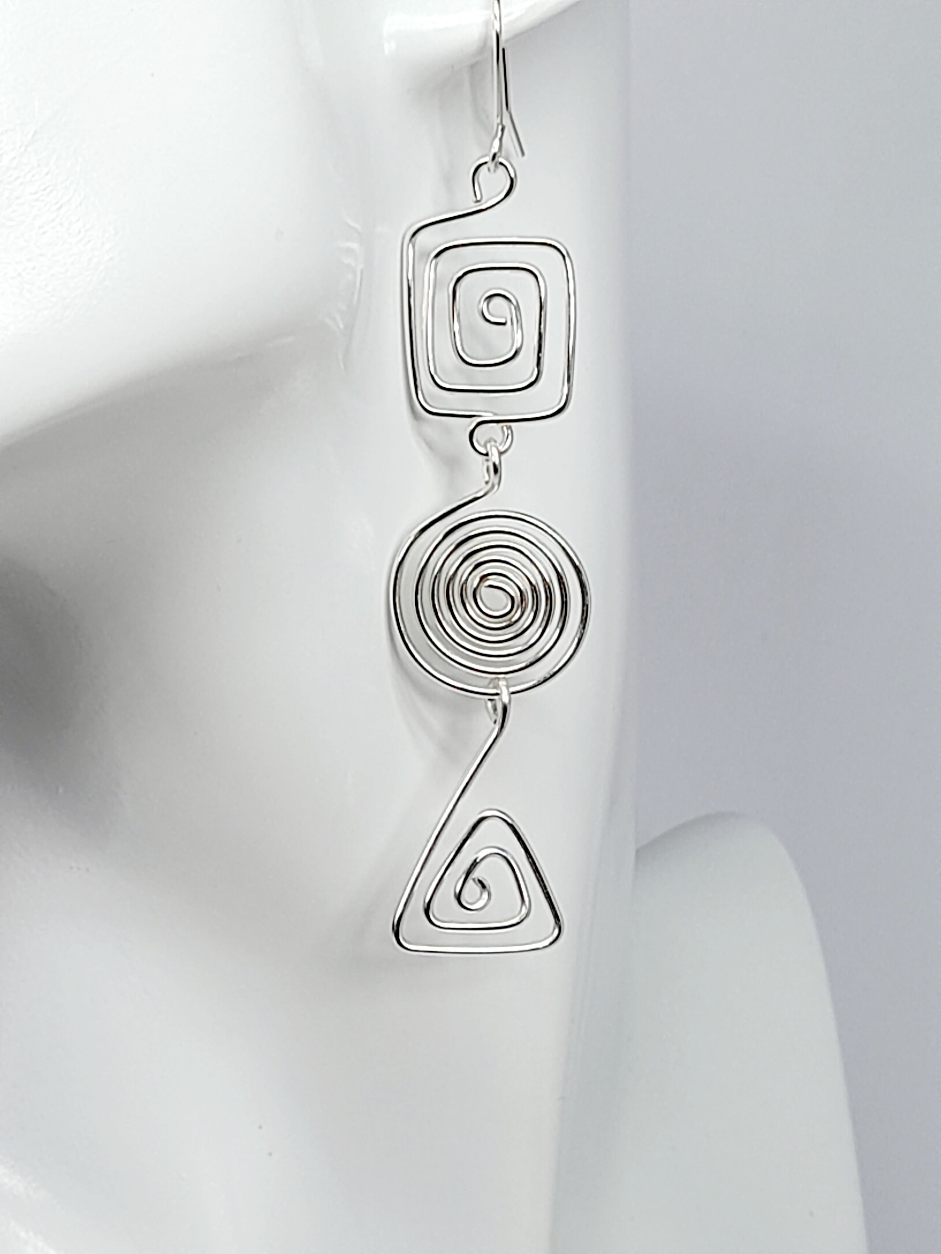 Geometric Silver Spiral Earrings, Handmade Lightweight Statement Dangles