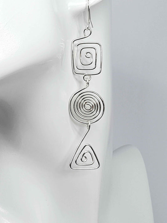 Geometric Silver Spiral Earrings, Handmade Lightweight Statement Dangles