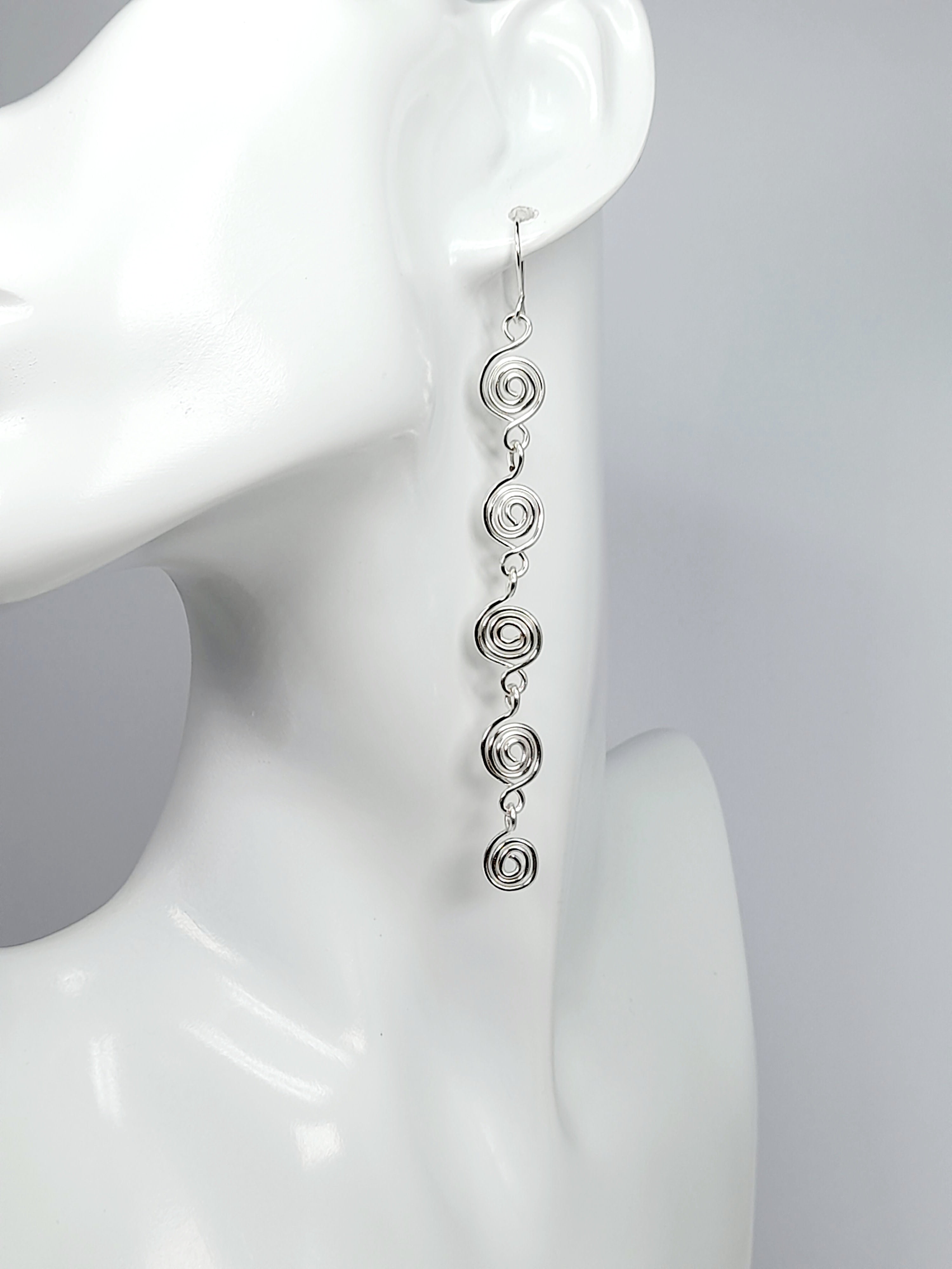 Handmade Silver‑Plated Long Spiral Earrings, Lightweight Five‑Spiral Geometric Dangle Jewellery