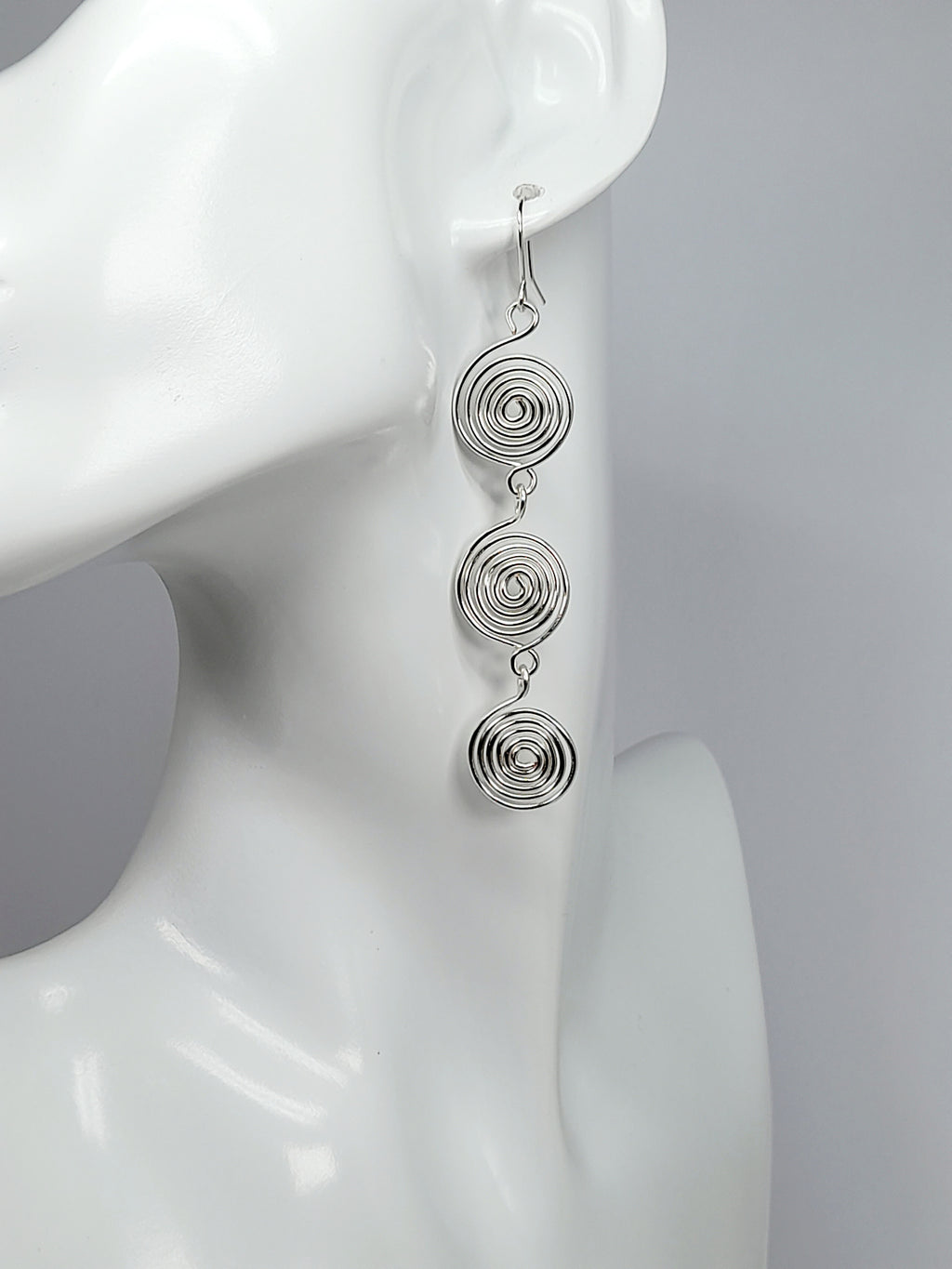 Handmade Silver‑Plated Spiral  Earrings, Lightweight Statement Dangle Jewellery
