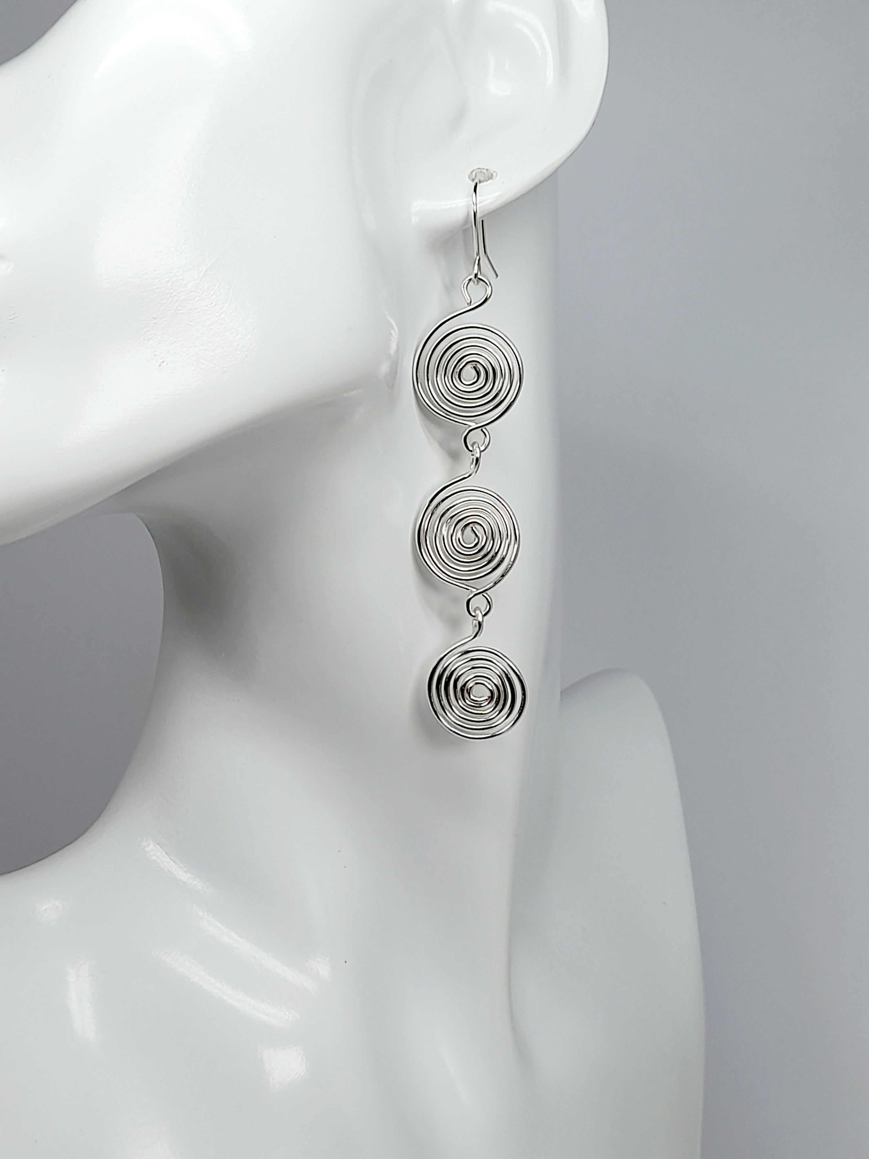 Handmade Silver‑Plated Spiral  Earrings, Lightweight Statement Dangle Jewellery