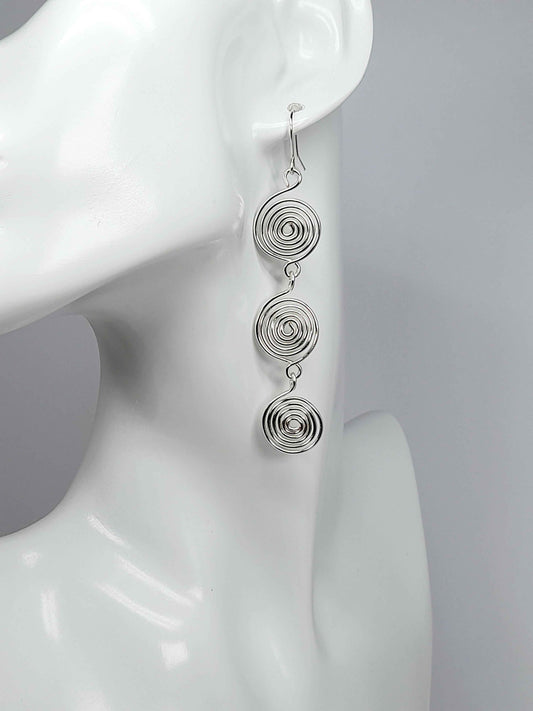 Handmade Silver‑Plated Spiral  Earrings, Lightweight Statement Dangle Jewellery