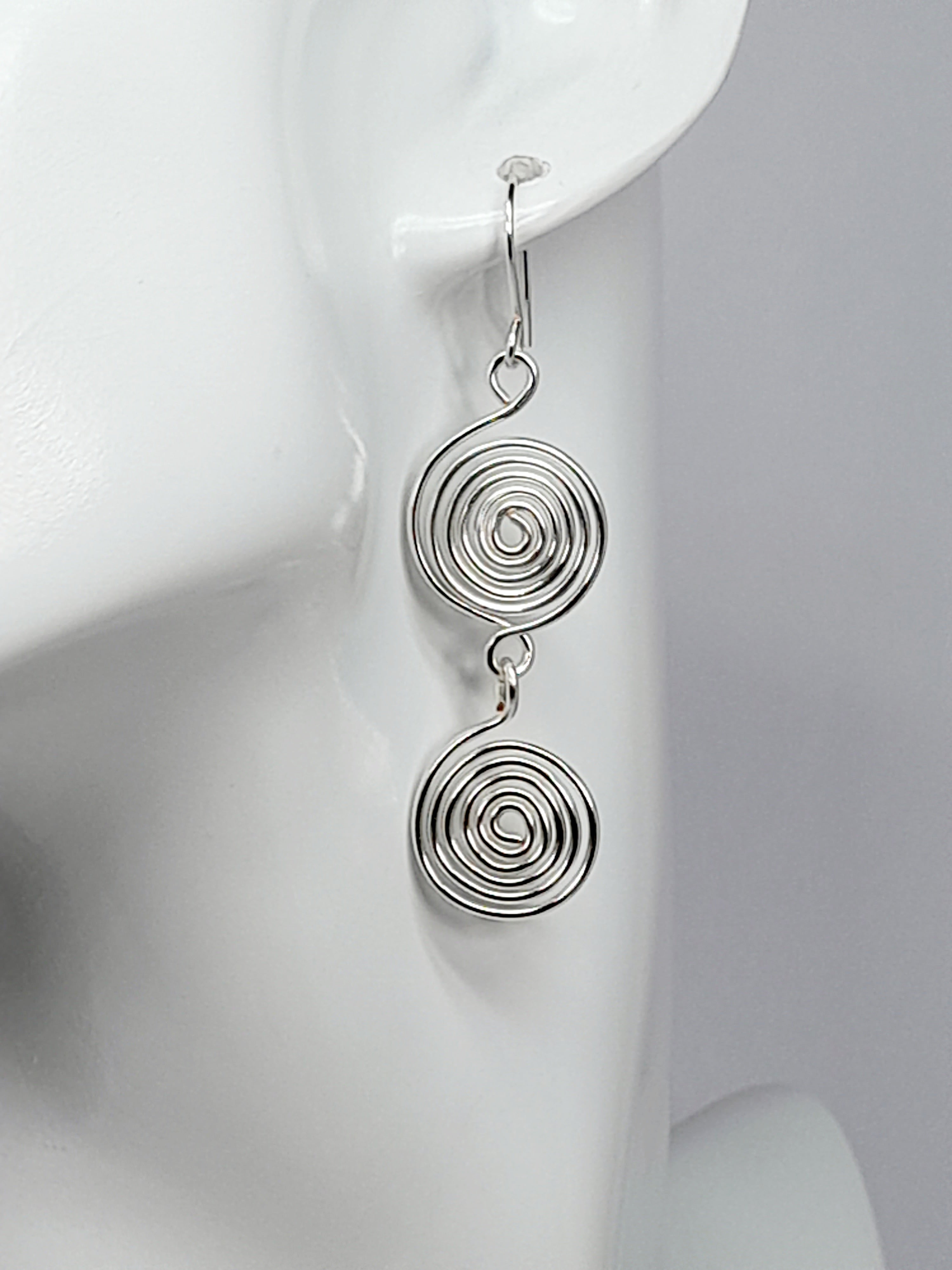Handmade Silver‑Plated Spiral Earrings, Lightweight Geometric Two‑Spiral Dangle Jewellery