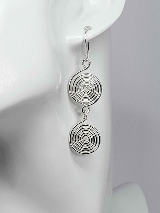 Handmade Silver‑Plated Spiral Earrings, Lightweight Geometric Two‑Spiral Dangle Jewellery