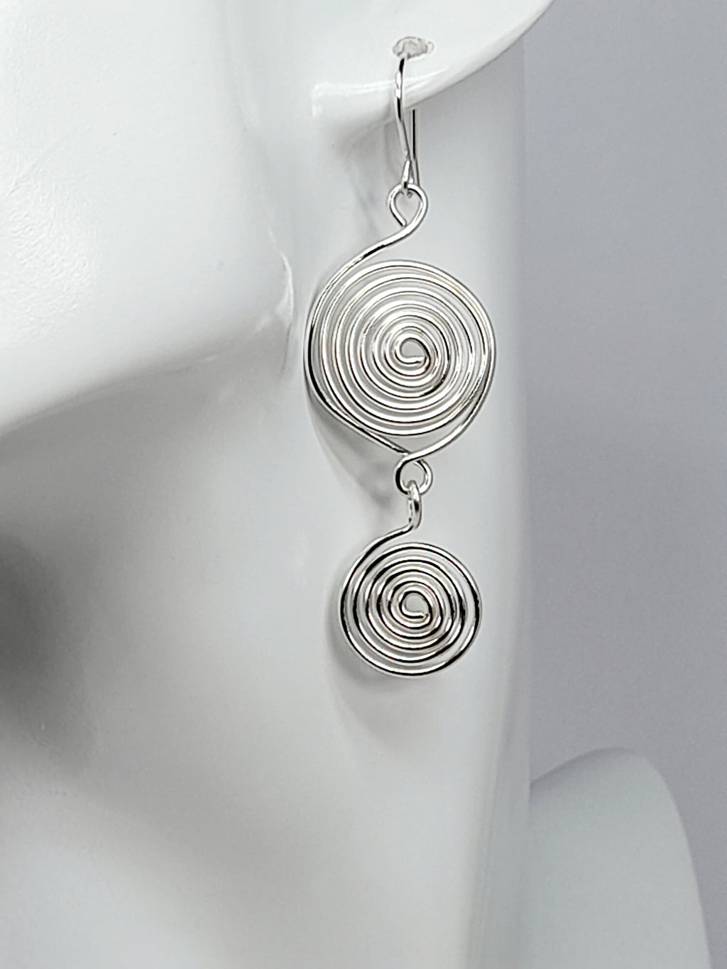 Handmade Silver‑Plated Spiral Earrings, Geometric Double‑Spiral Drop Jewellery