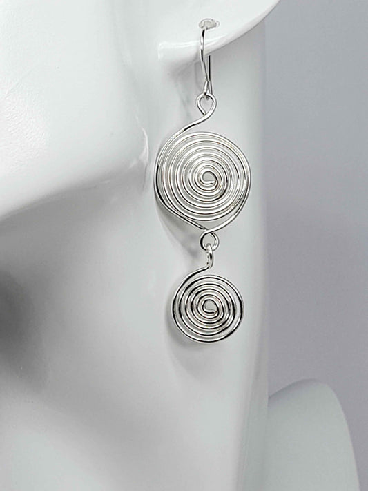 Handmade Silver‑Plated Spiral Earrings, Geometric Double‑Spiral Drop Jewellery