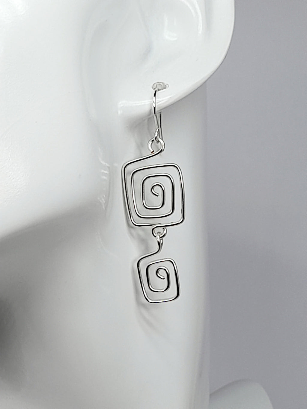 Handmade Silver‑Plated Square Spiral Earrings, Geometric Statement Dangle Jewellery