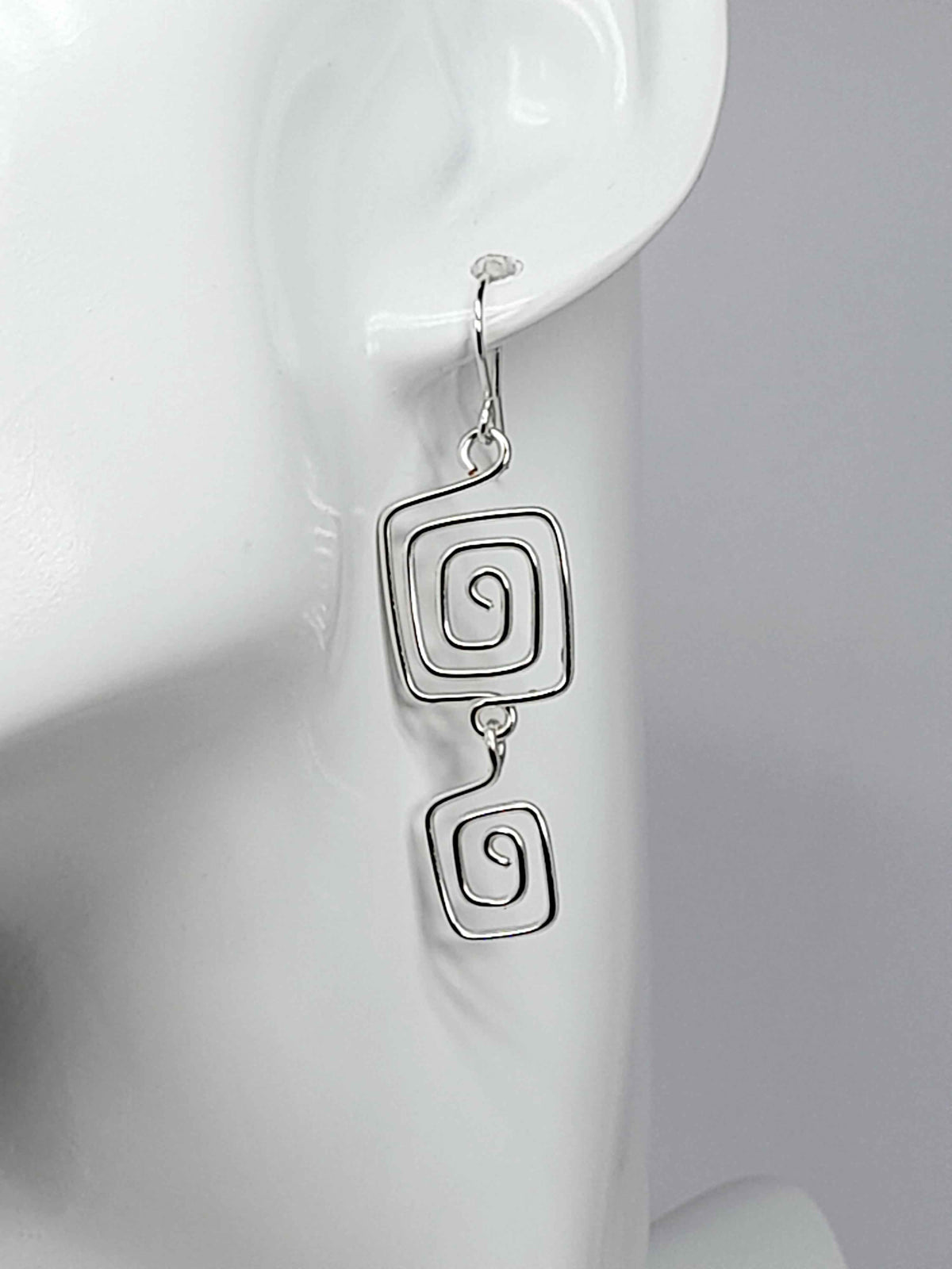 Handmade Silver‑Plated Square Spiral Earrings, Geometric Statement Dangle Jewellery