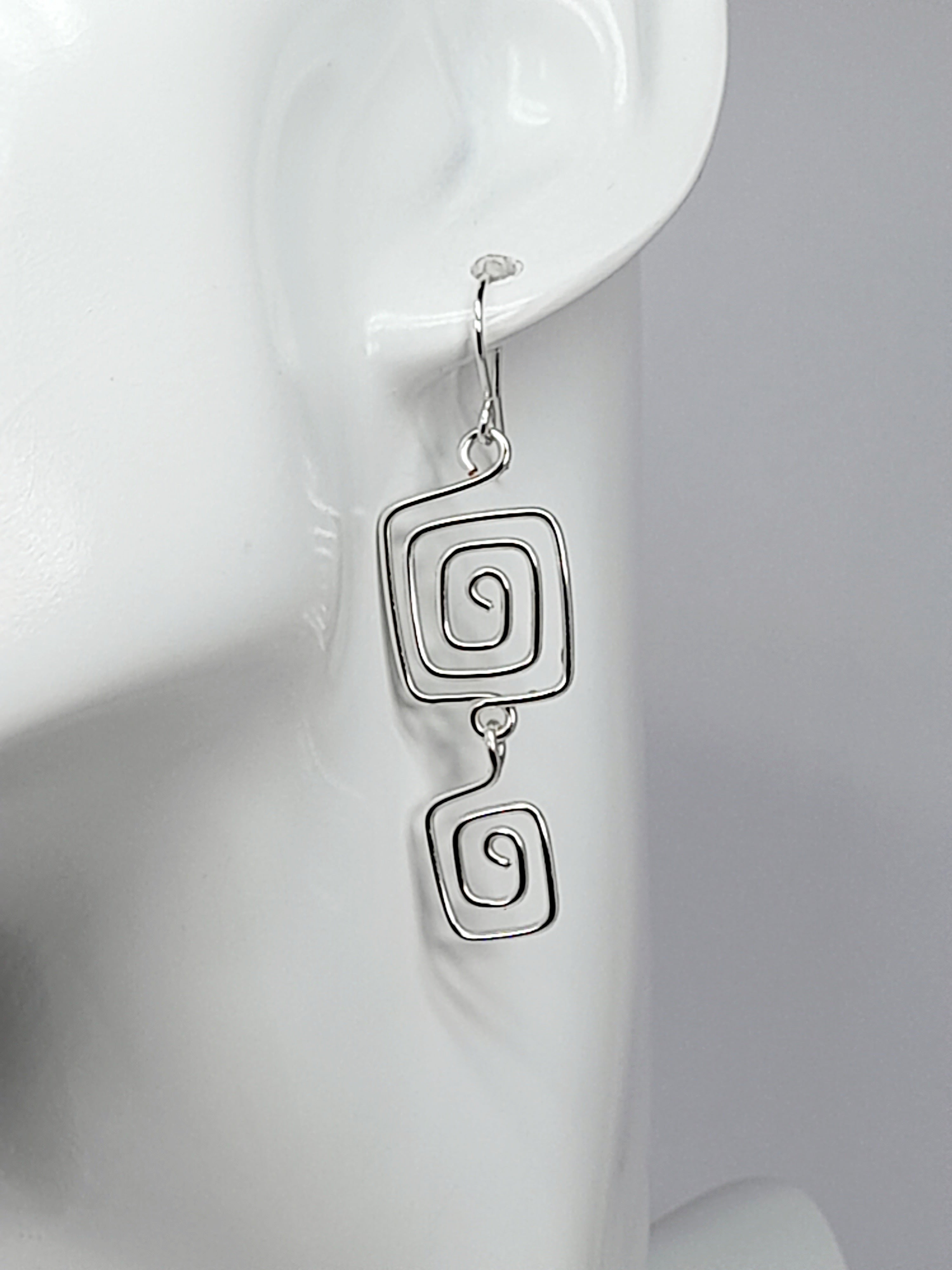 Handmade Silver‑Plated Square Spiral Earrings, Geometric Statement Dangle Jewellery