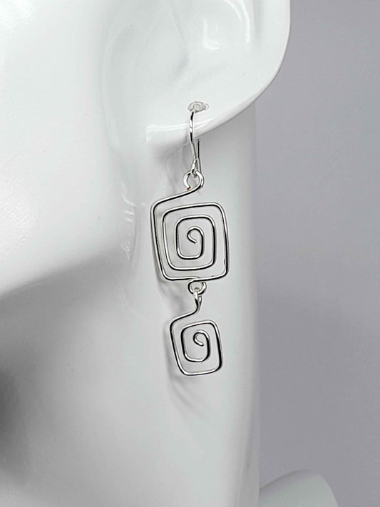 Handmade Silver‑Plated Square Spiral Earrings, Geometric Statement Dangle Jewellery