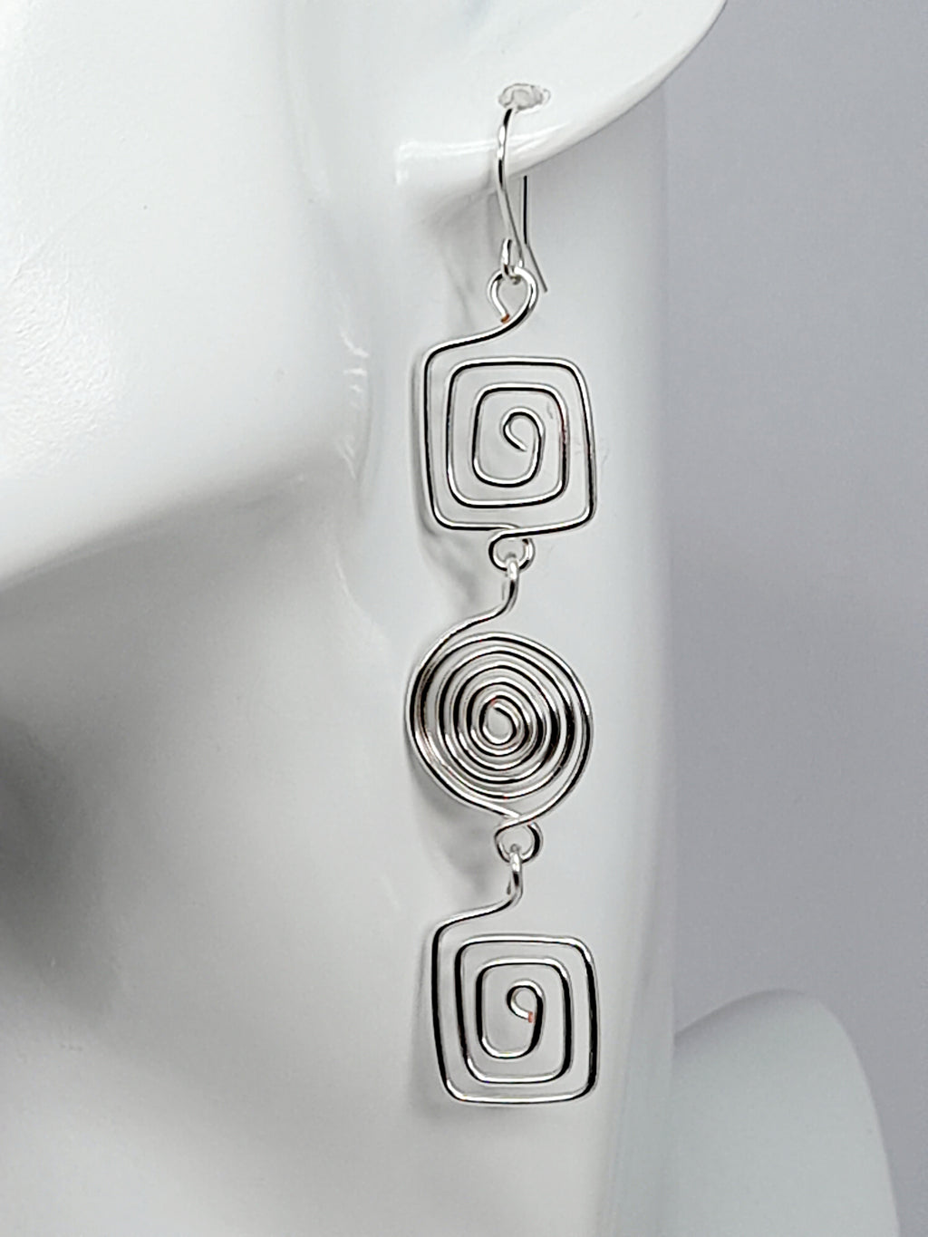 Long Geometric Spiral Silver Drop Earrings