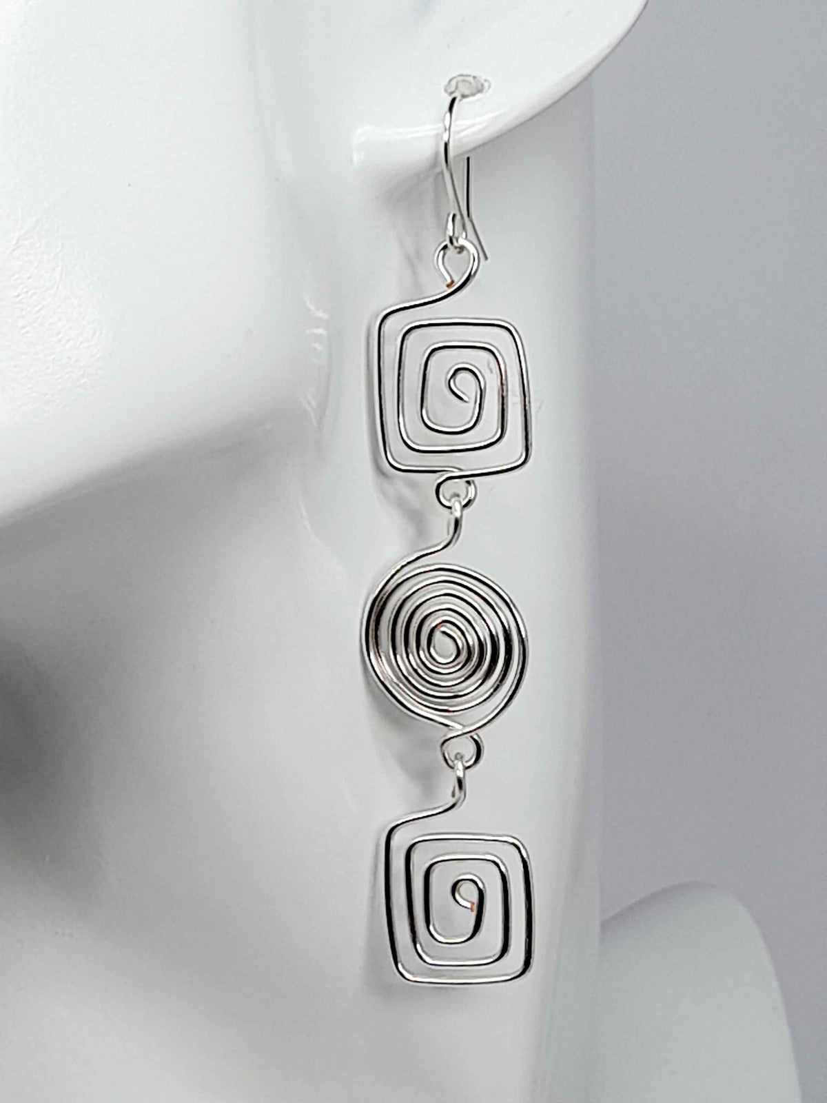 Long Geometric Spiral Silver Drop Earrings