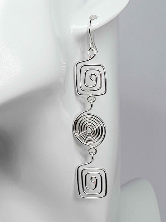 Long Geometric Spiral Silver Drop Earrings