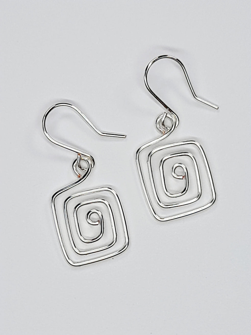 Handmade Silver Spiral Square Earrings, Dainty Lightweight Geometric Drops