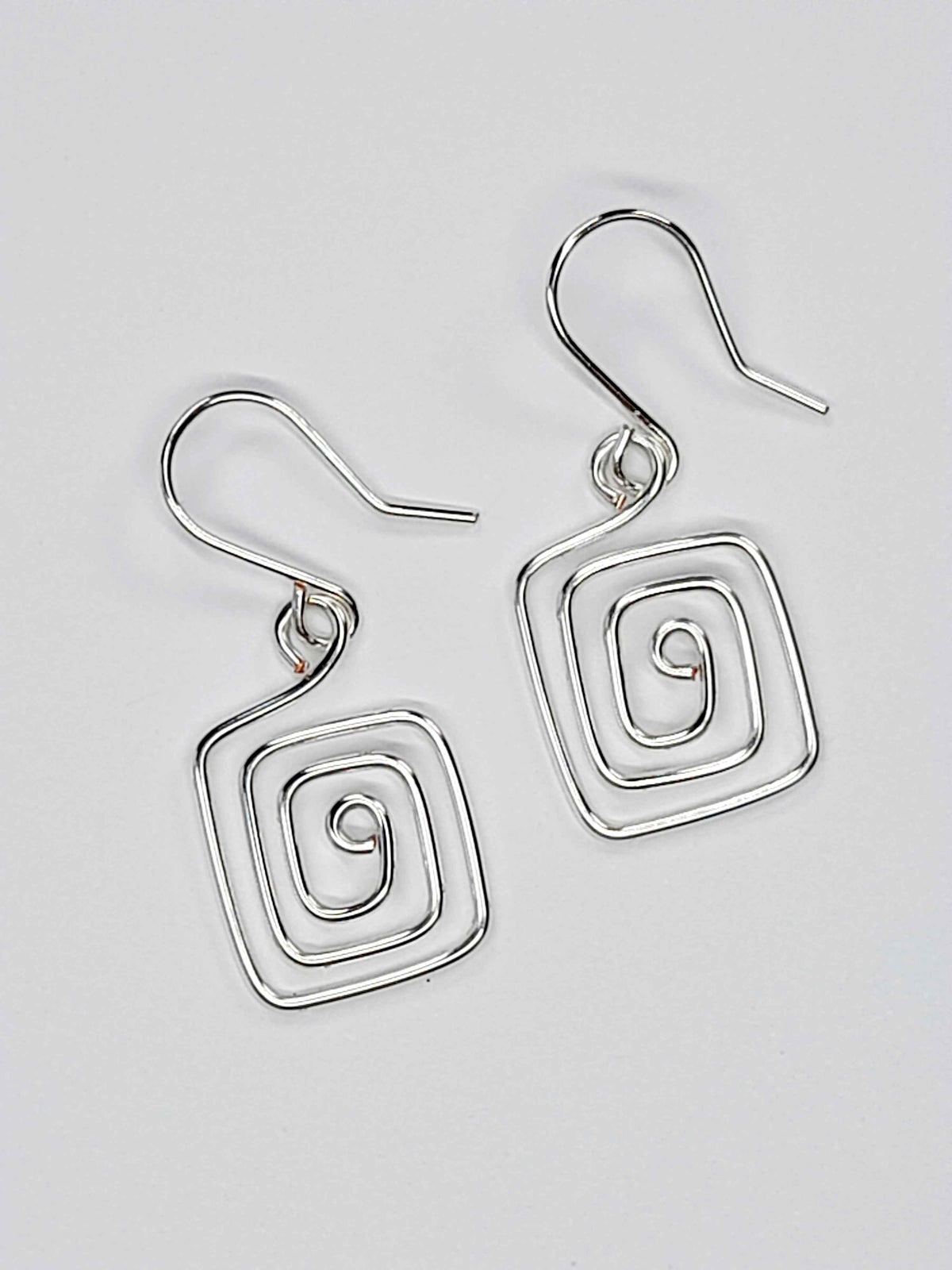 Handmade Silver Spiral Square Earrings, Dainty Lightweight Geometric Drops
