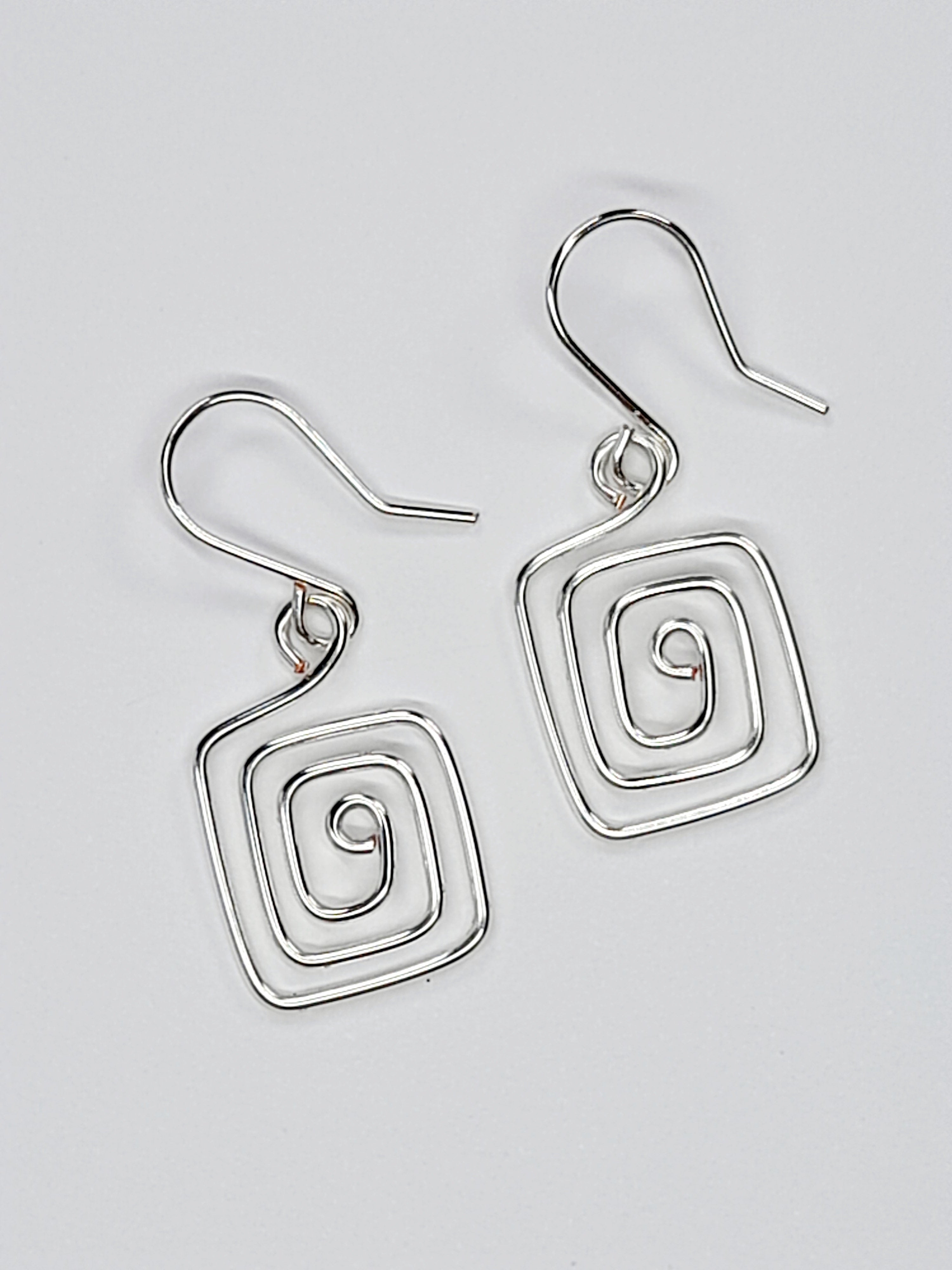 Handmade Silver Spiral Square Earrings, Dainty Lightweight Geometric Drops