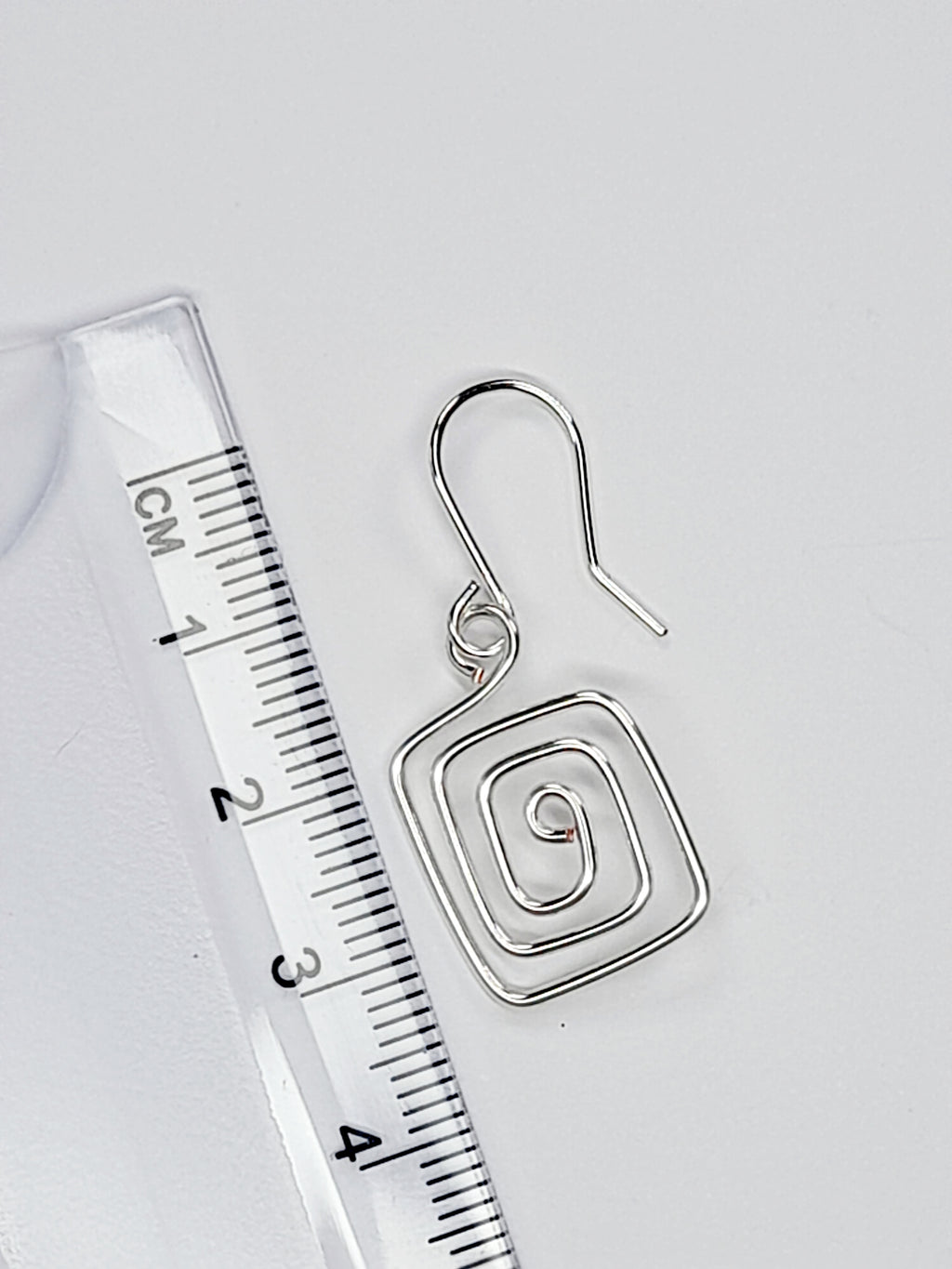 Handmade Silver Spiral Square Earrings, Dainty Lightweight Geometric Drops