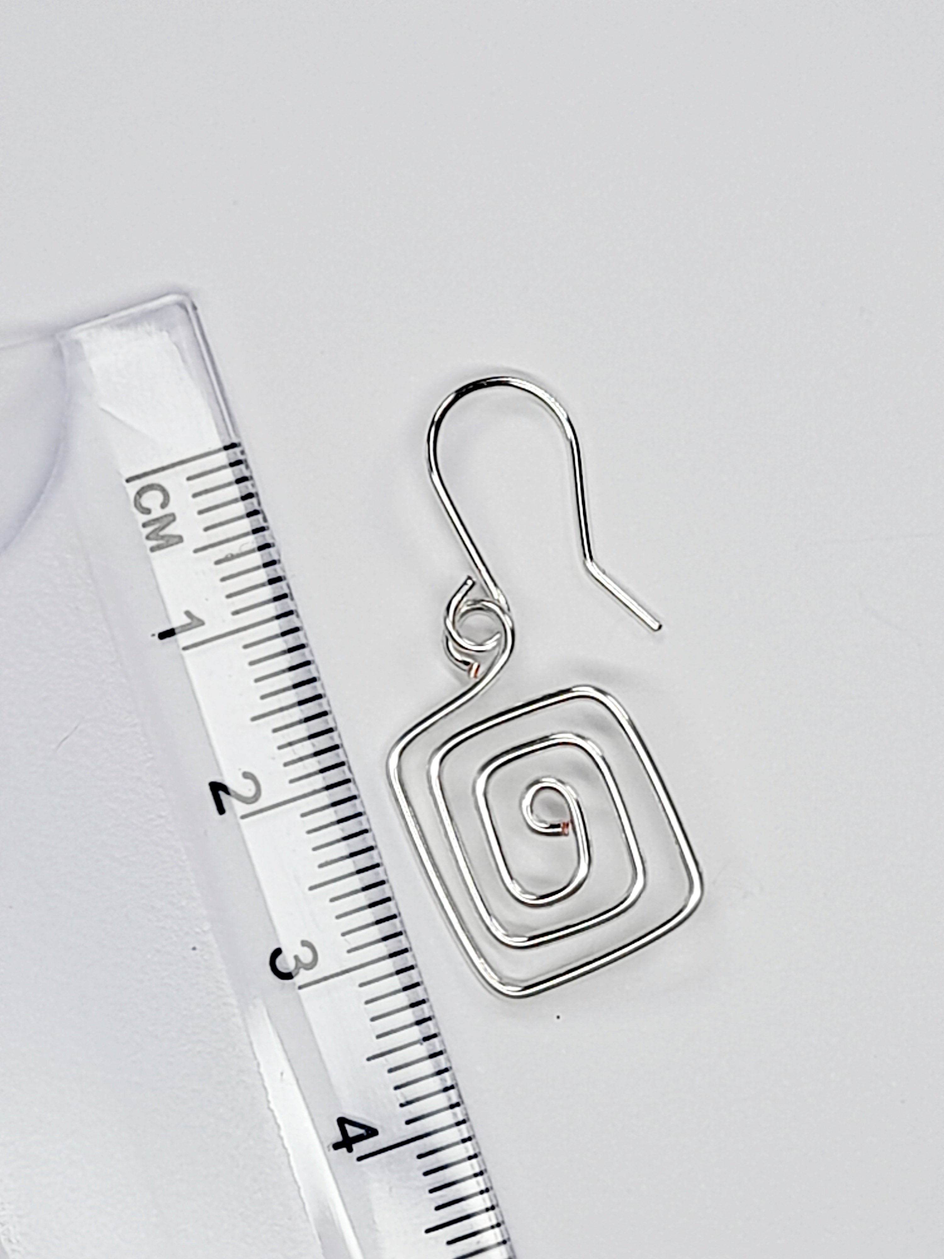Handmade Silver Spiral Square Earrings, Dainty Lightweight Geometric Drops