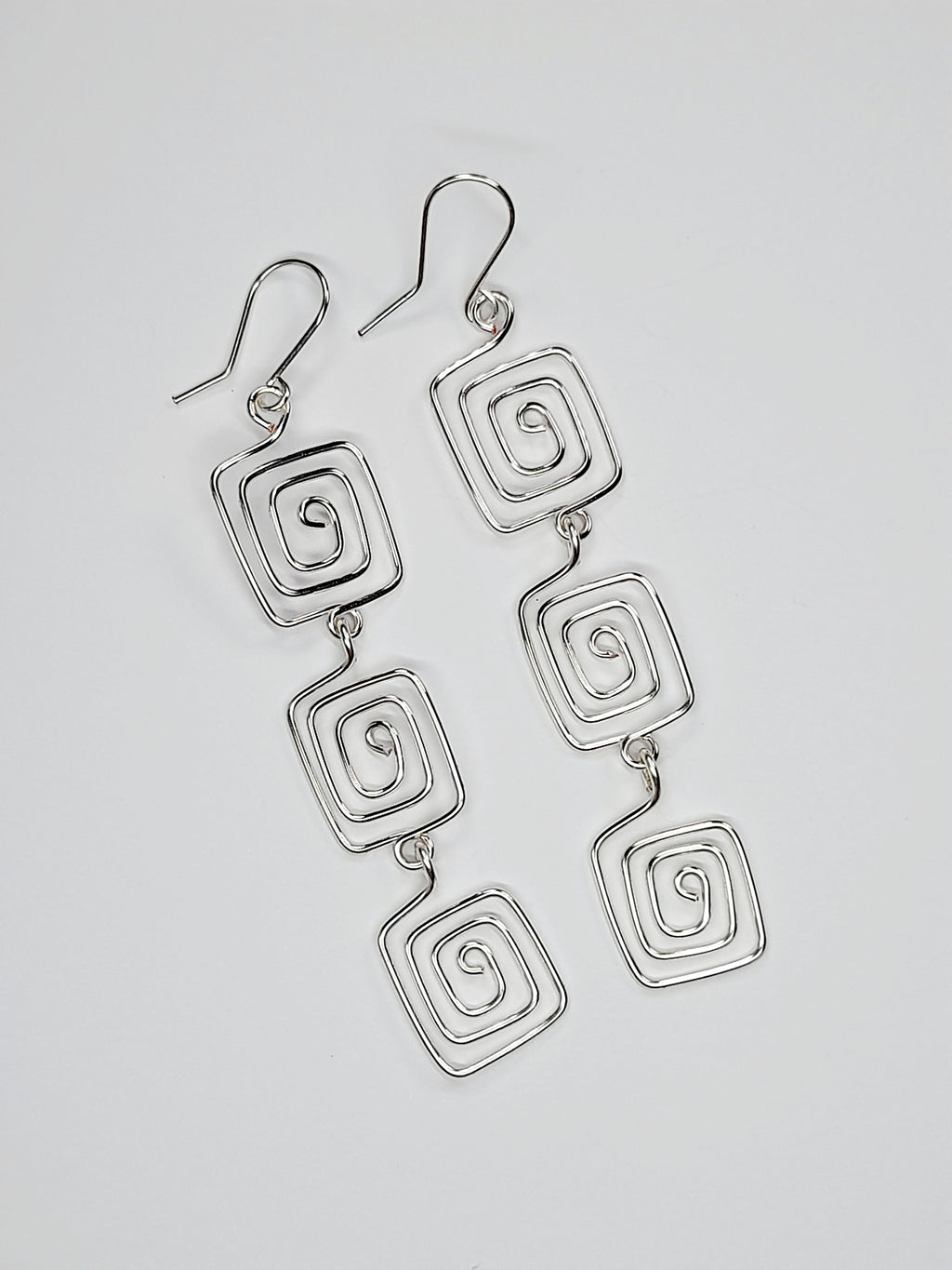 Handmade Silver‑Plated Square Spiral Earrings, Large Geometric Statement Dangle Jewellery