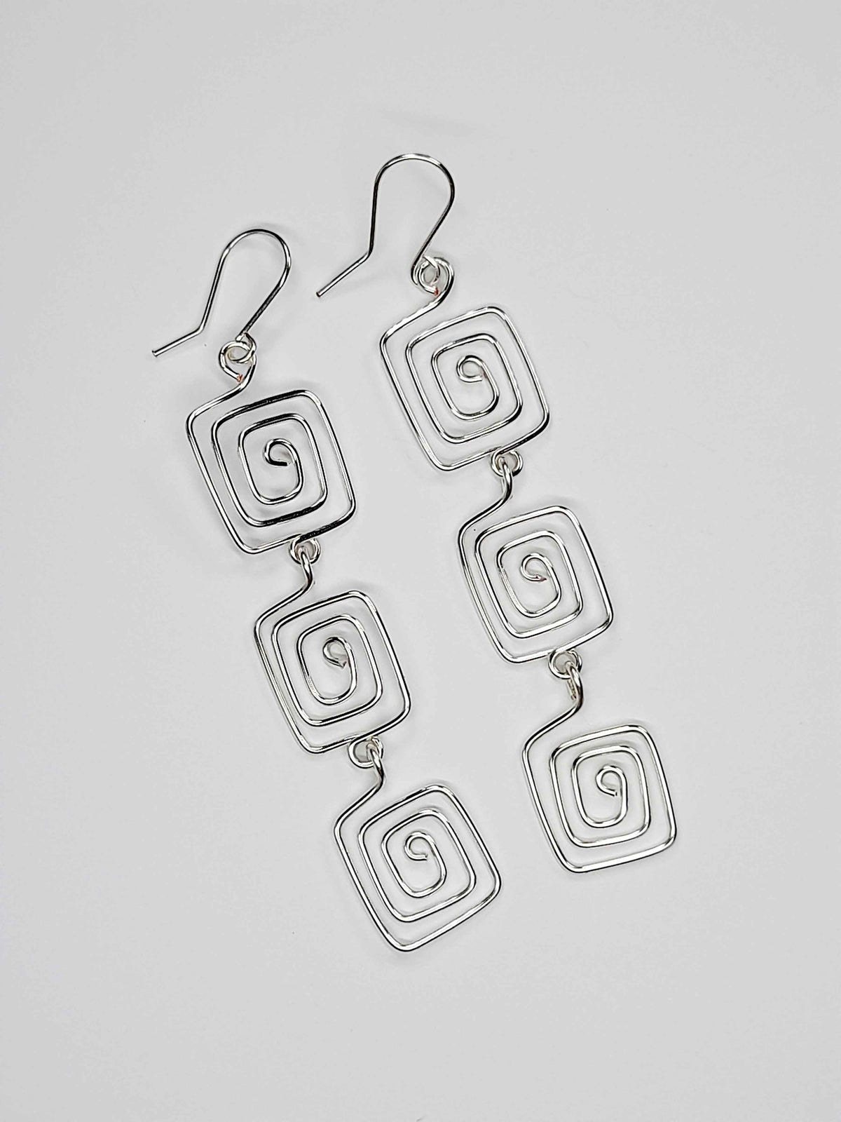 Handmade Silver‑Plated Square Spiral Earrings, Large Geometric Statement Dangle Jewellery