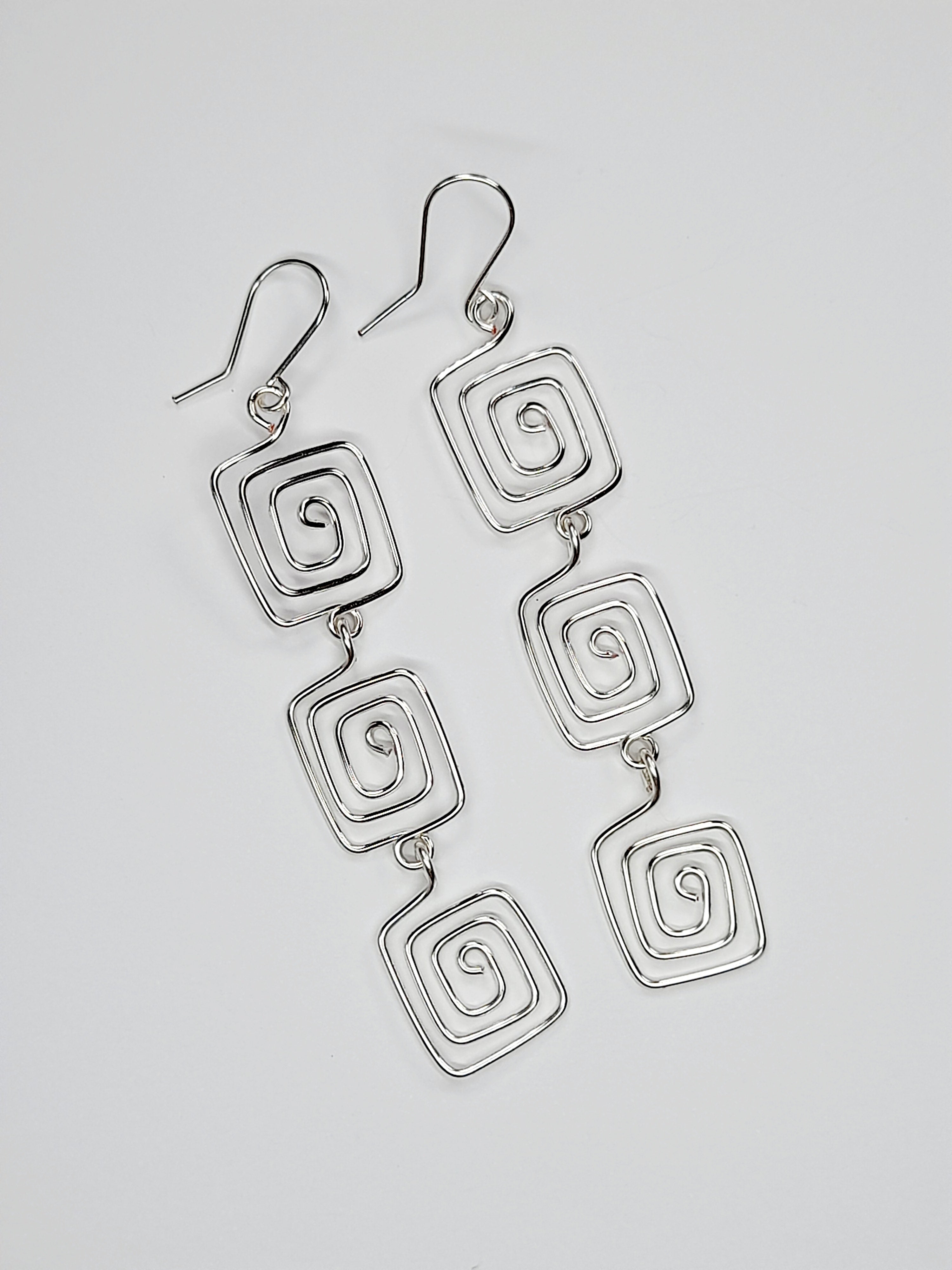 Handmade Silver‑Plated Square Spiral Earrings, Large Geometric Statement Dangle Jewellery