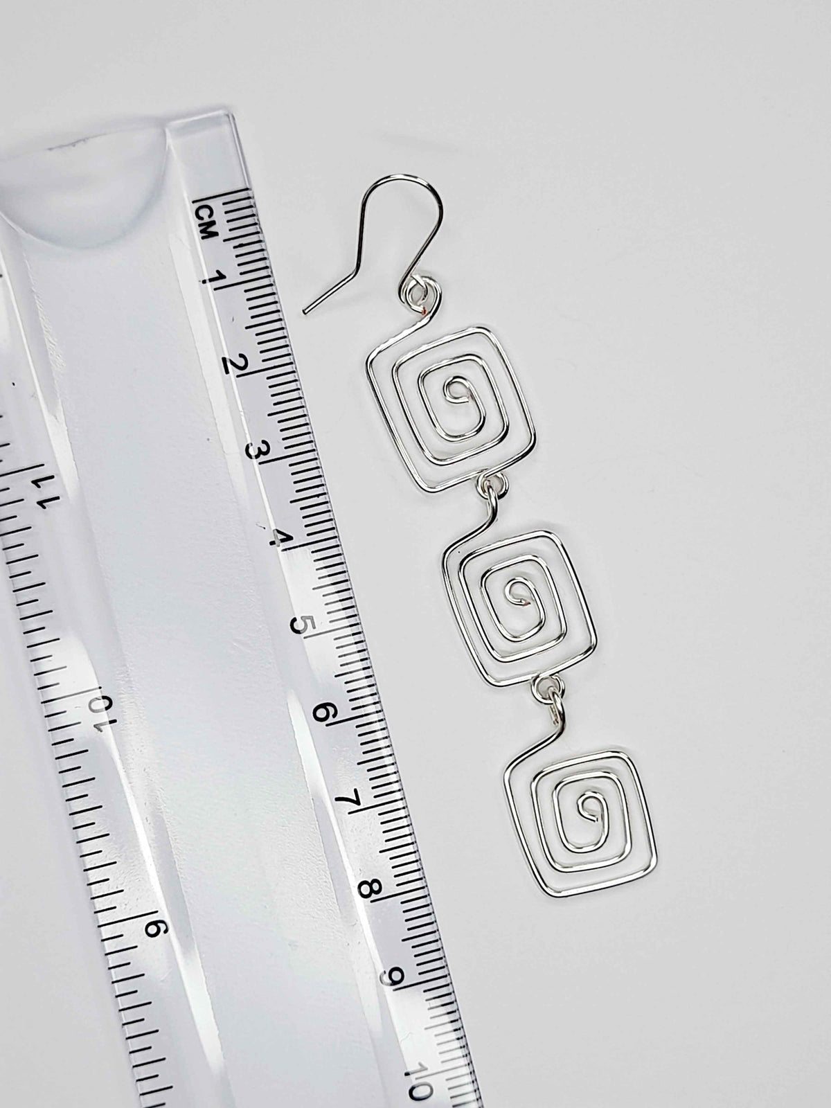 Handmade Silver‑Plated Square Spiral Earrings, Large Geometric Statement Dangle Jewellery