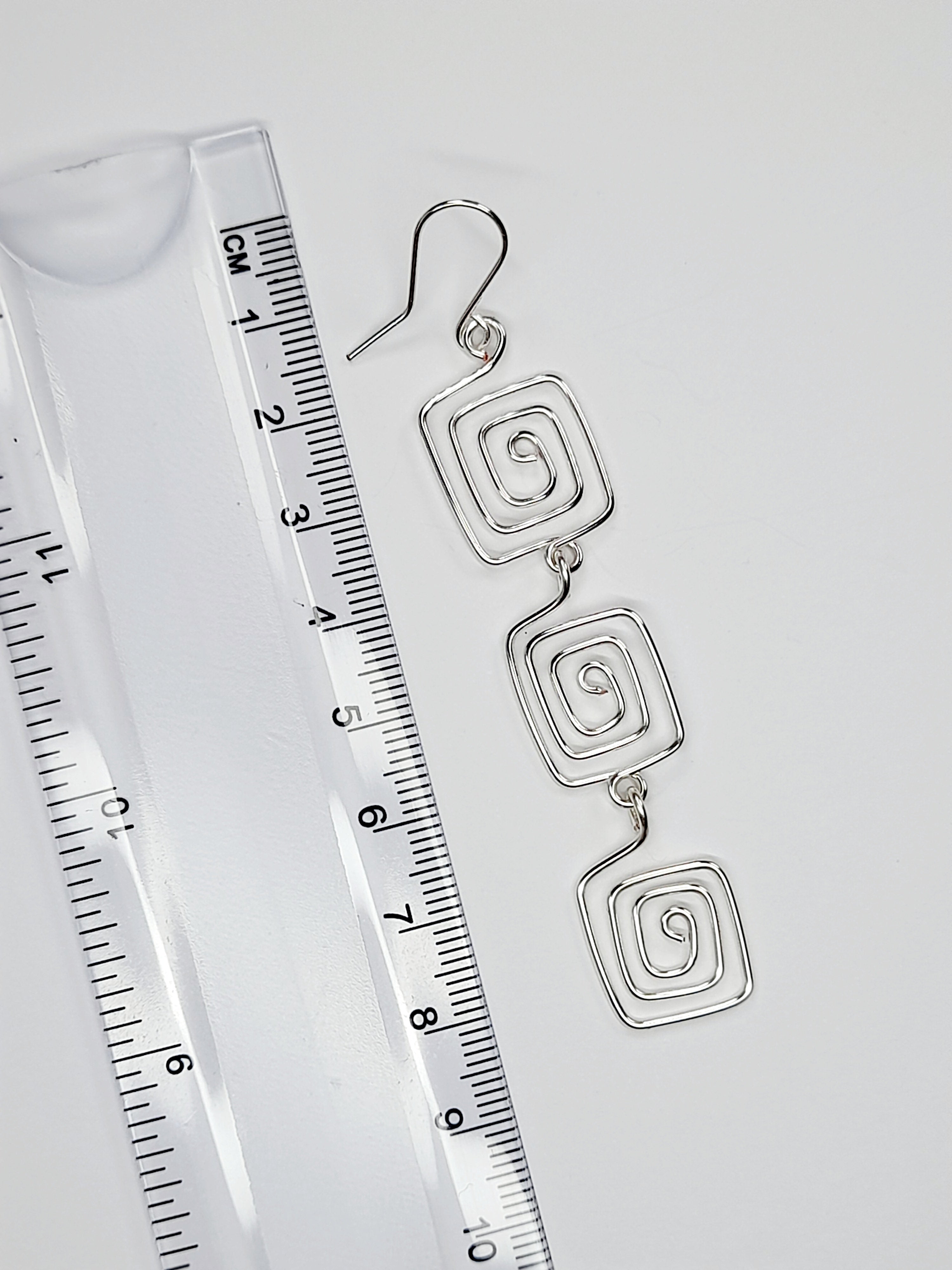Handmade Silver‑Plated Square Spiral Earrings, Large Geometric Statement Dangle Jewellery