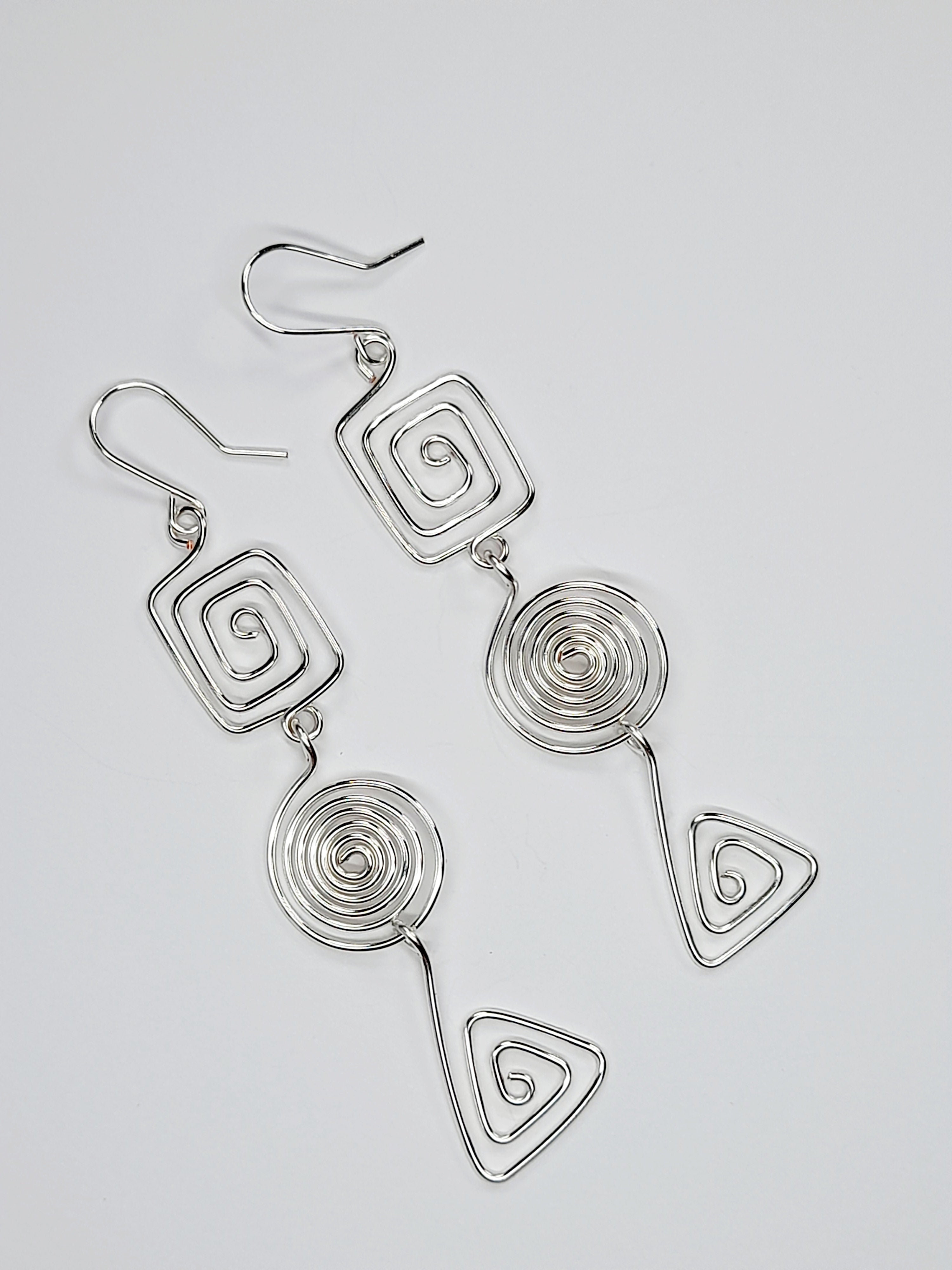 Geometric Silver Spiral Earrings, Handmade Lightweight Statement Dangles