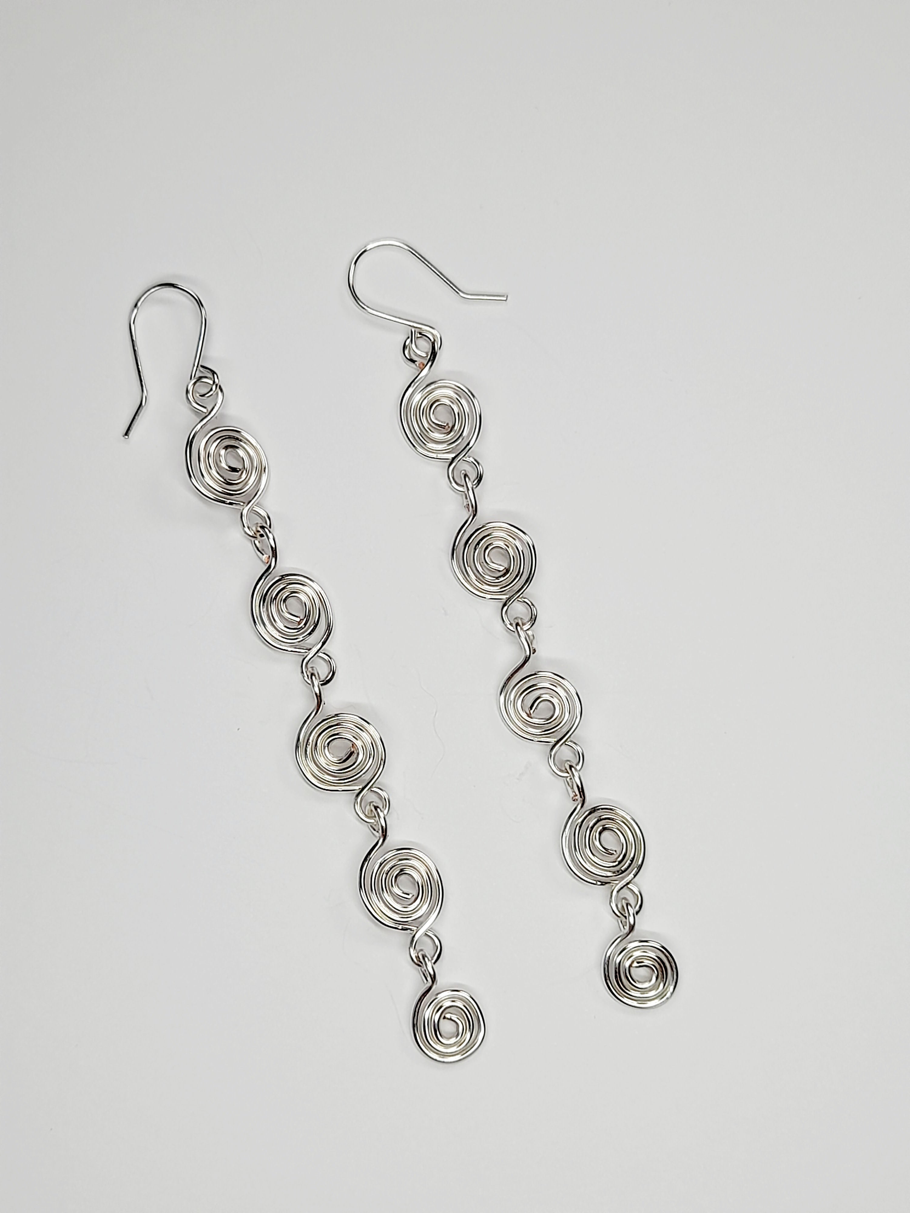 Handmade Silver‑Plated Long Spiral Earrings, Lightweight Five‑Spiral Geometric Dangle Jewellery
