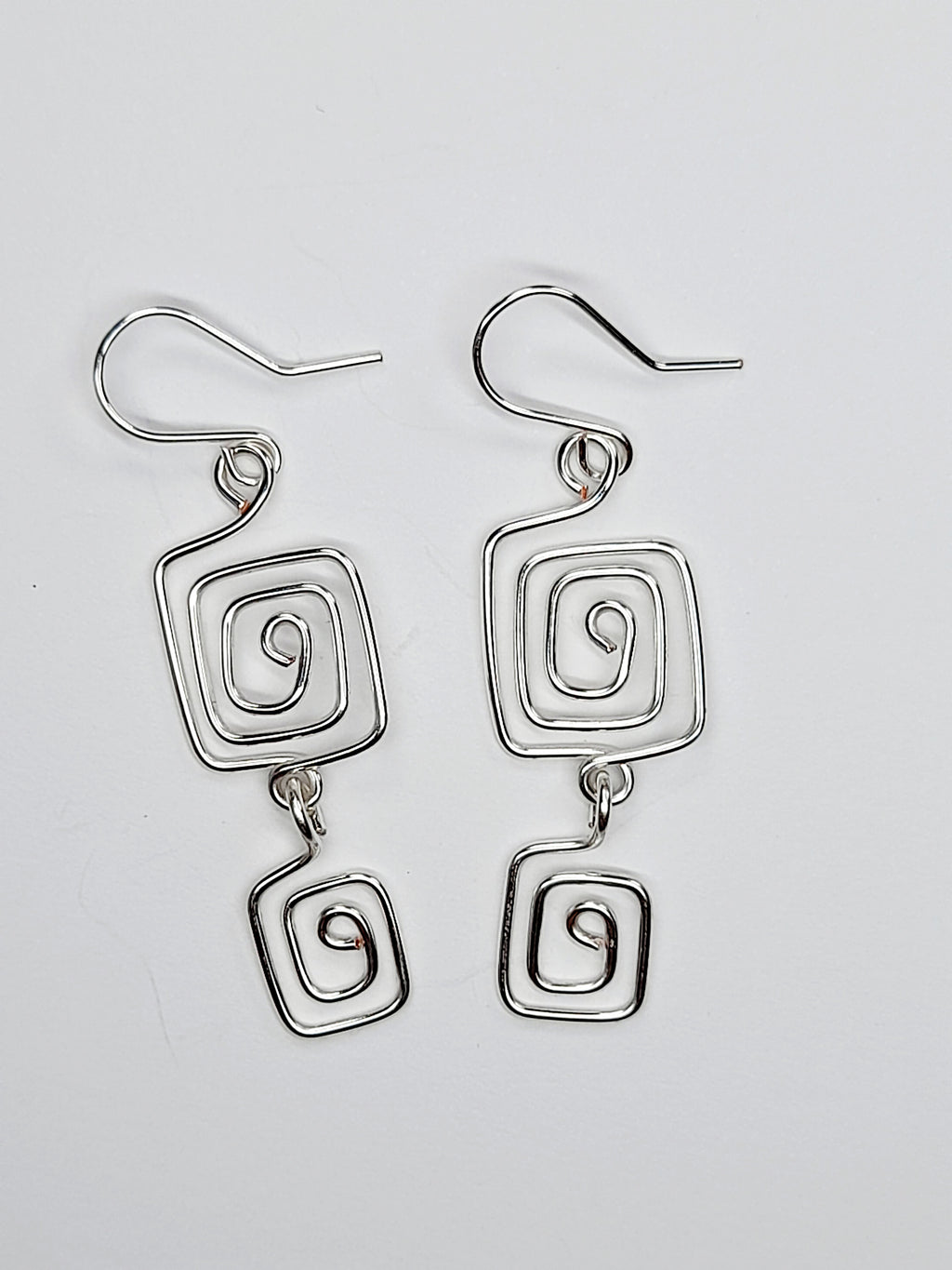 Handmade Silver‑Plated Square Spiral Earrings, Geometric Statement Dangle Jewellery