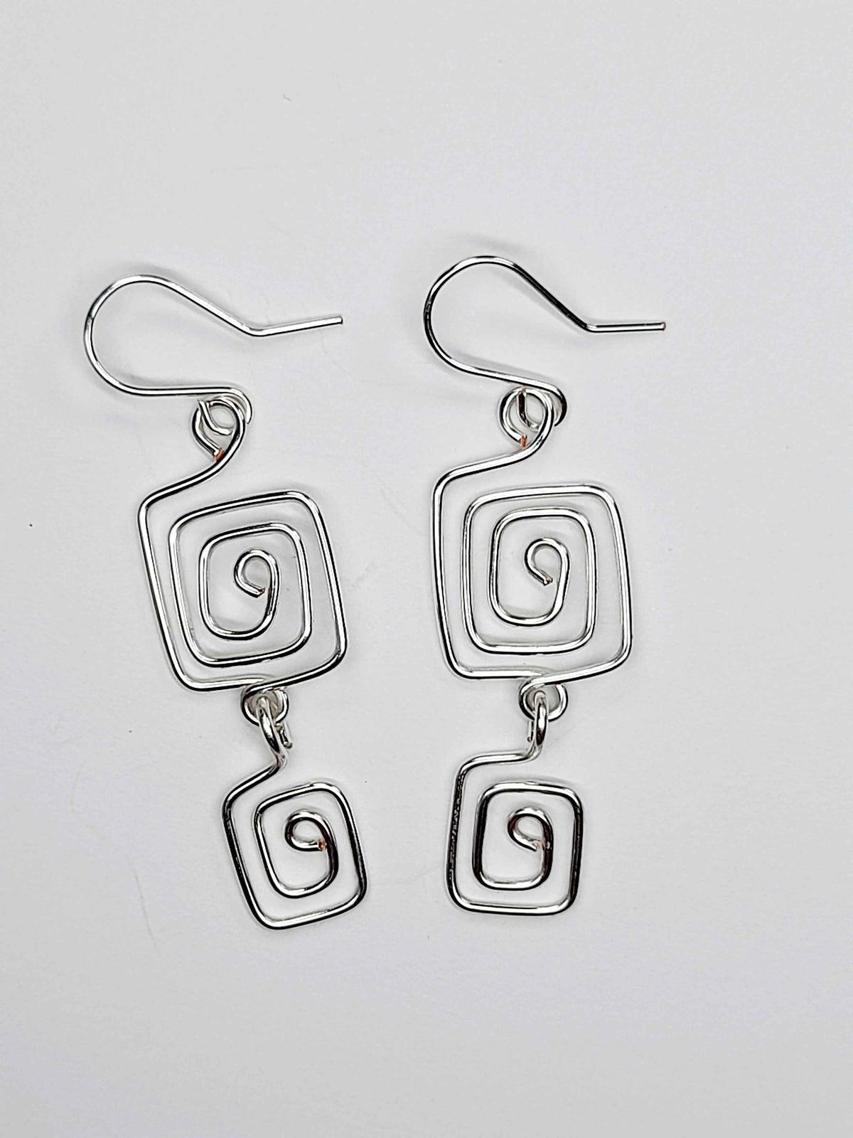 Handmade Silver‑Plated Square Spiral Earrings, Geometric Statement Dangle Jewellery
