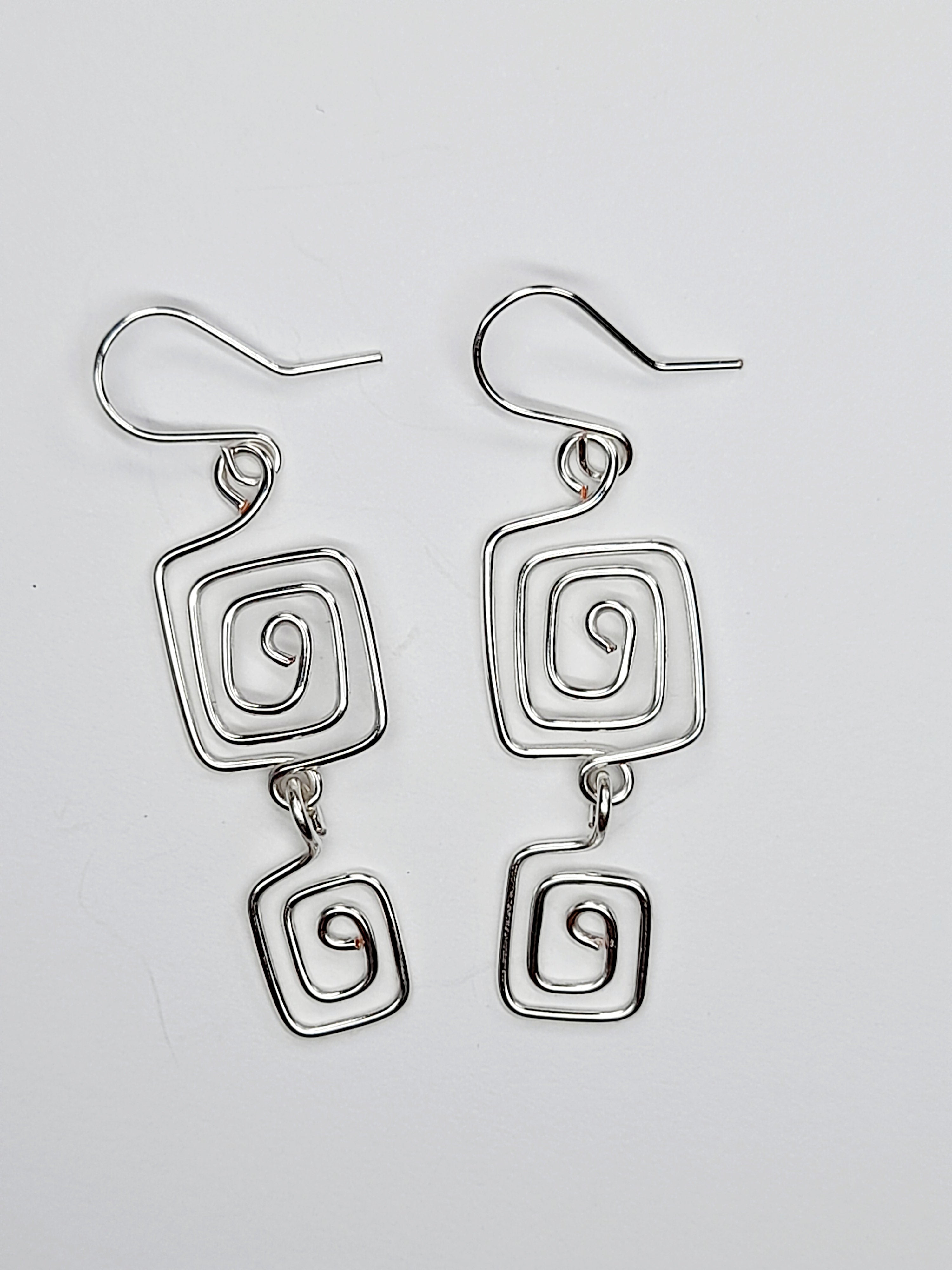 Handmade Silver‑Plated Square Spiral Earrings, Geometric Statement Dangle Jewellery