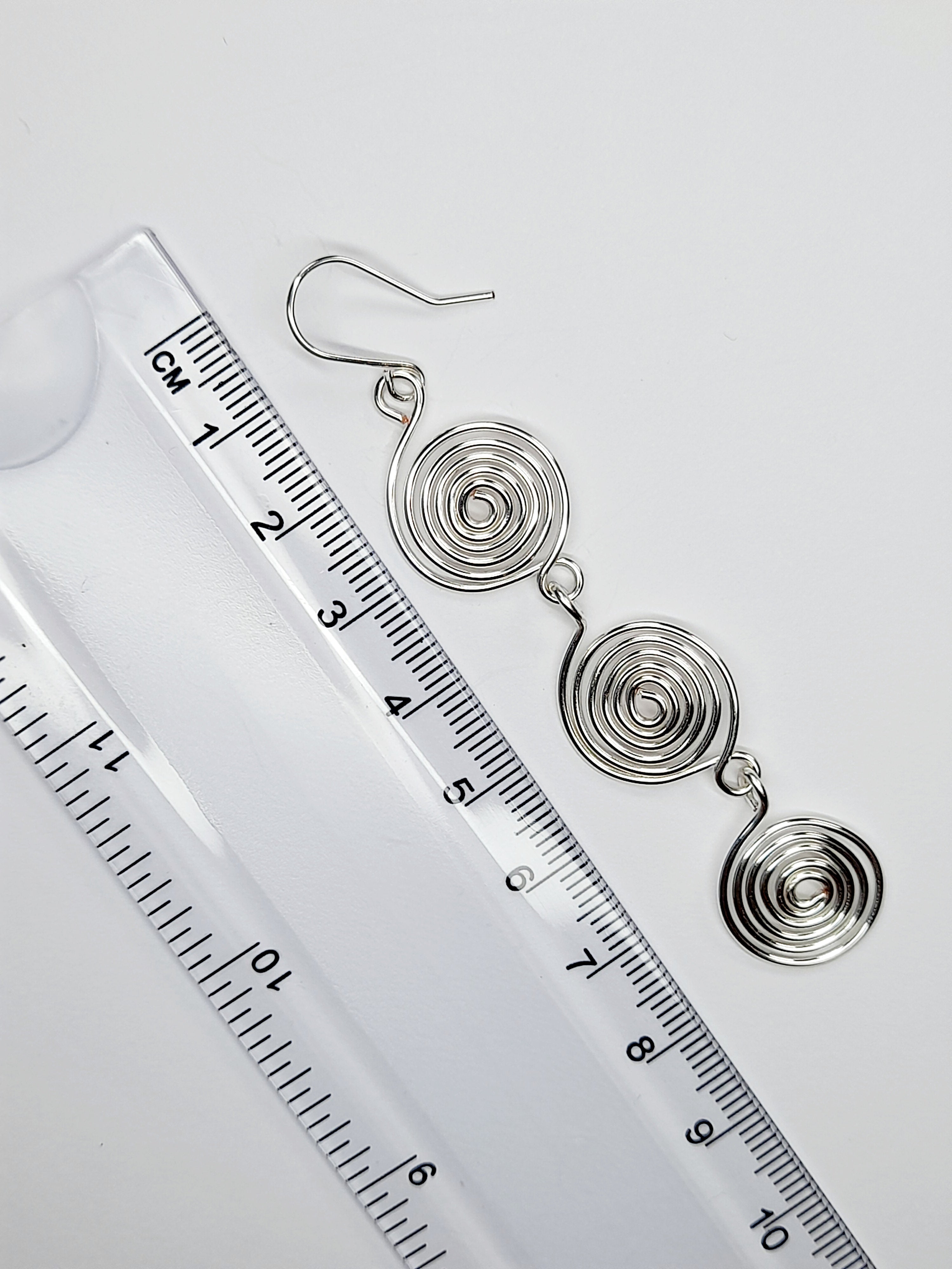 Long Geometric Spiral Silver Drop Earrings