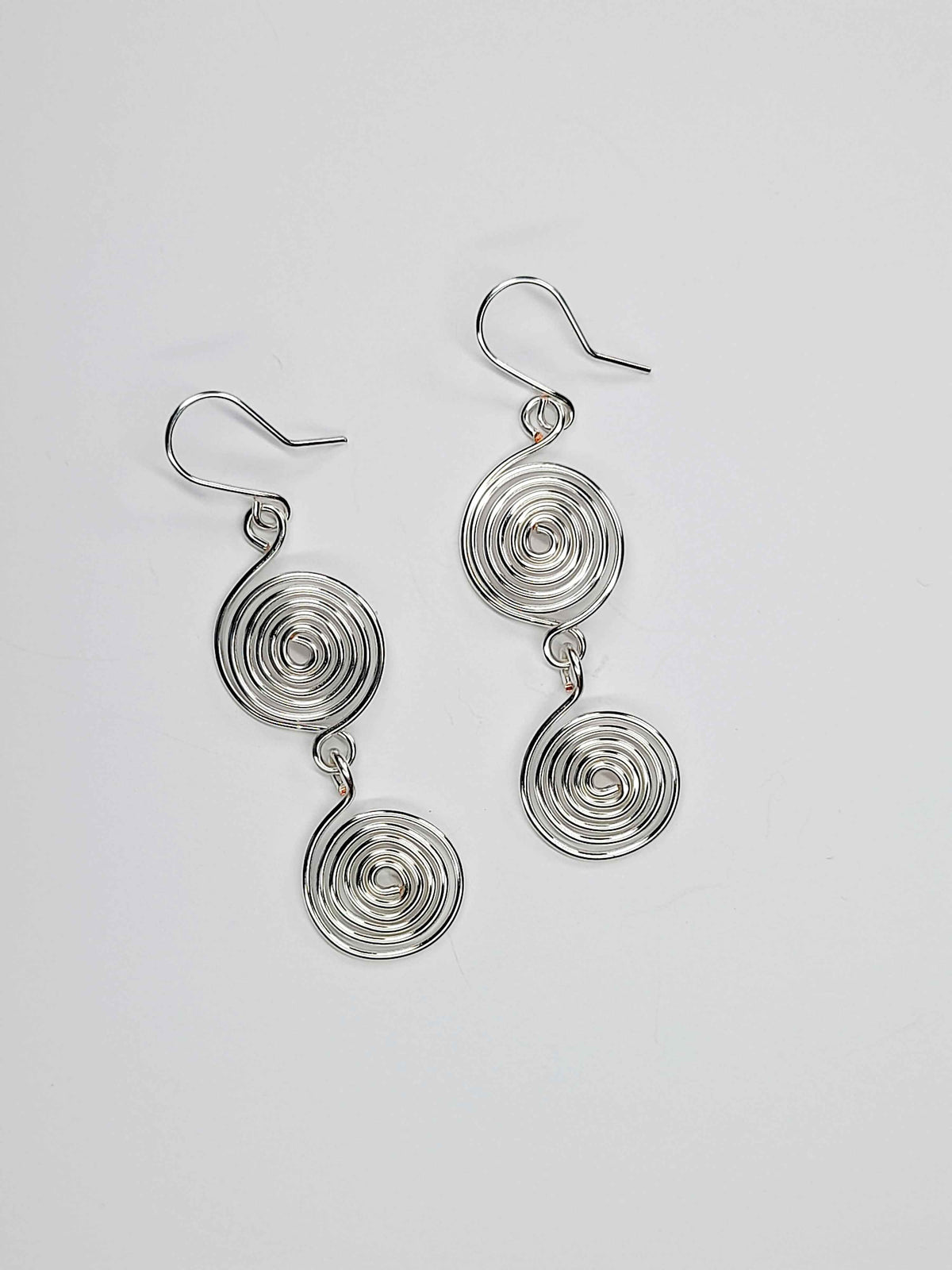 Handmade Silver‑Plated Spiral Earrings, Lightweight Geometric Two‑Spiral Dangle Jewellery