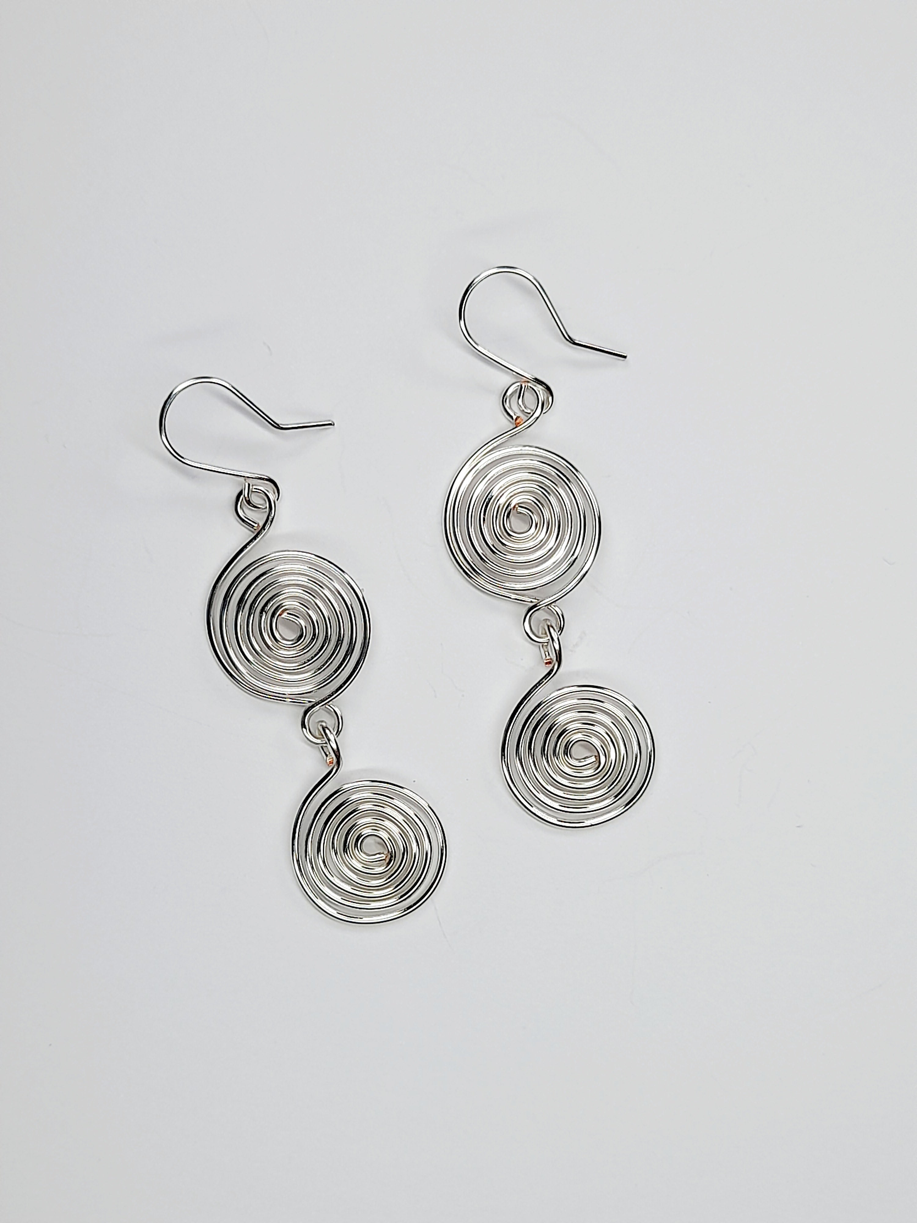 Handmade Silver‑Plated Spiral Earrings, Lightweight Geometric Two‑Spiral Dangle Jewellery