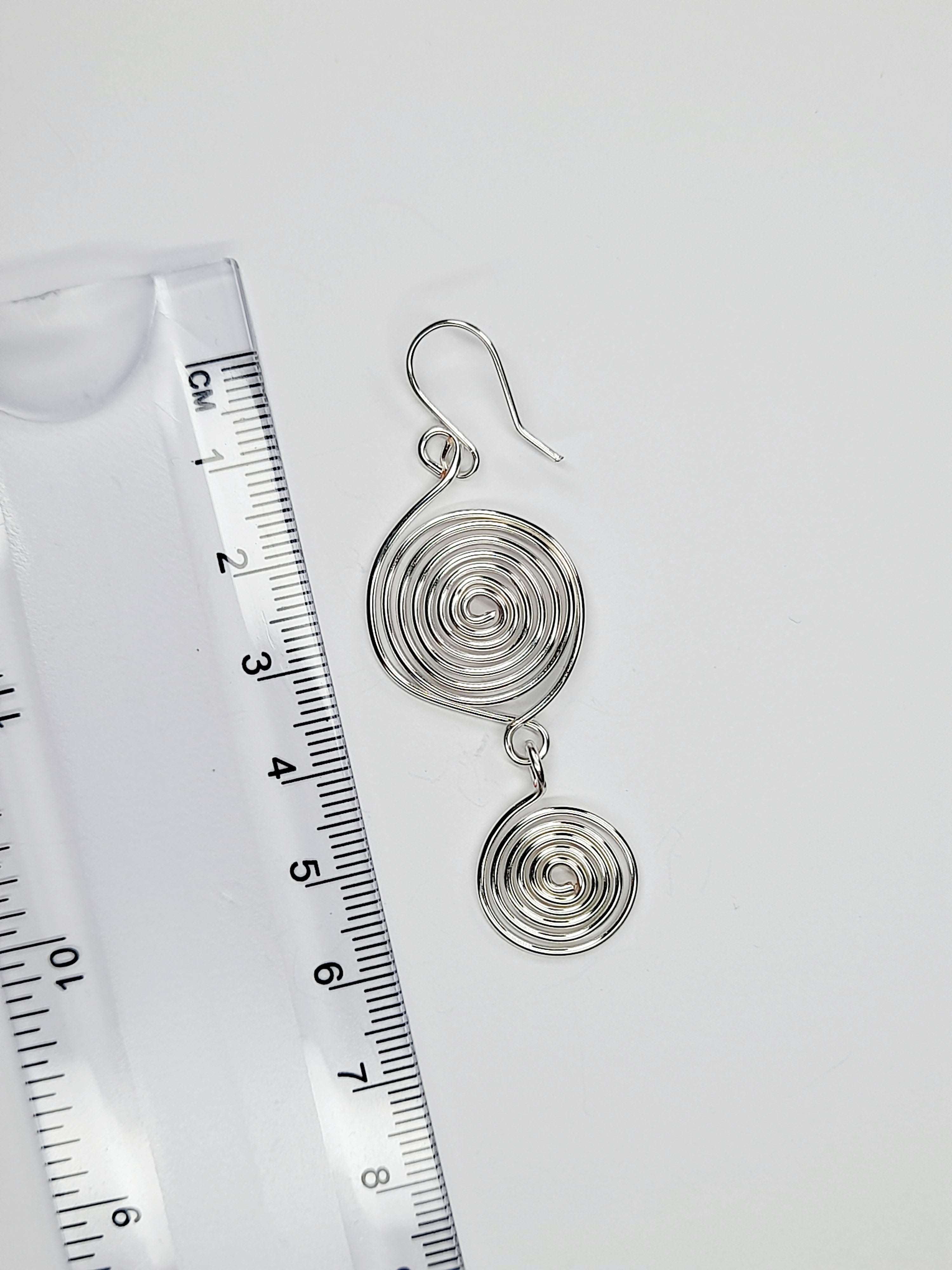 Handmade Silver‑Plated Spiral Earrings, Geometric Double‑Spiral Drop Jewellery