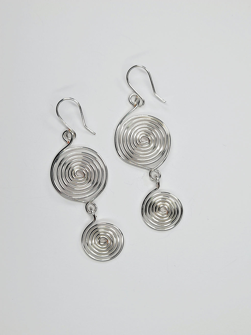 Handmade Silver‑Plated Spiral Earrings, Geometric Double‑Spiral Drop Jewellery