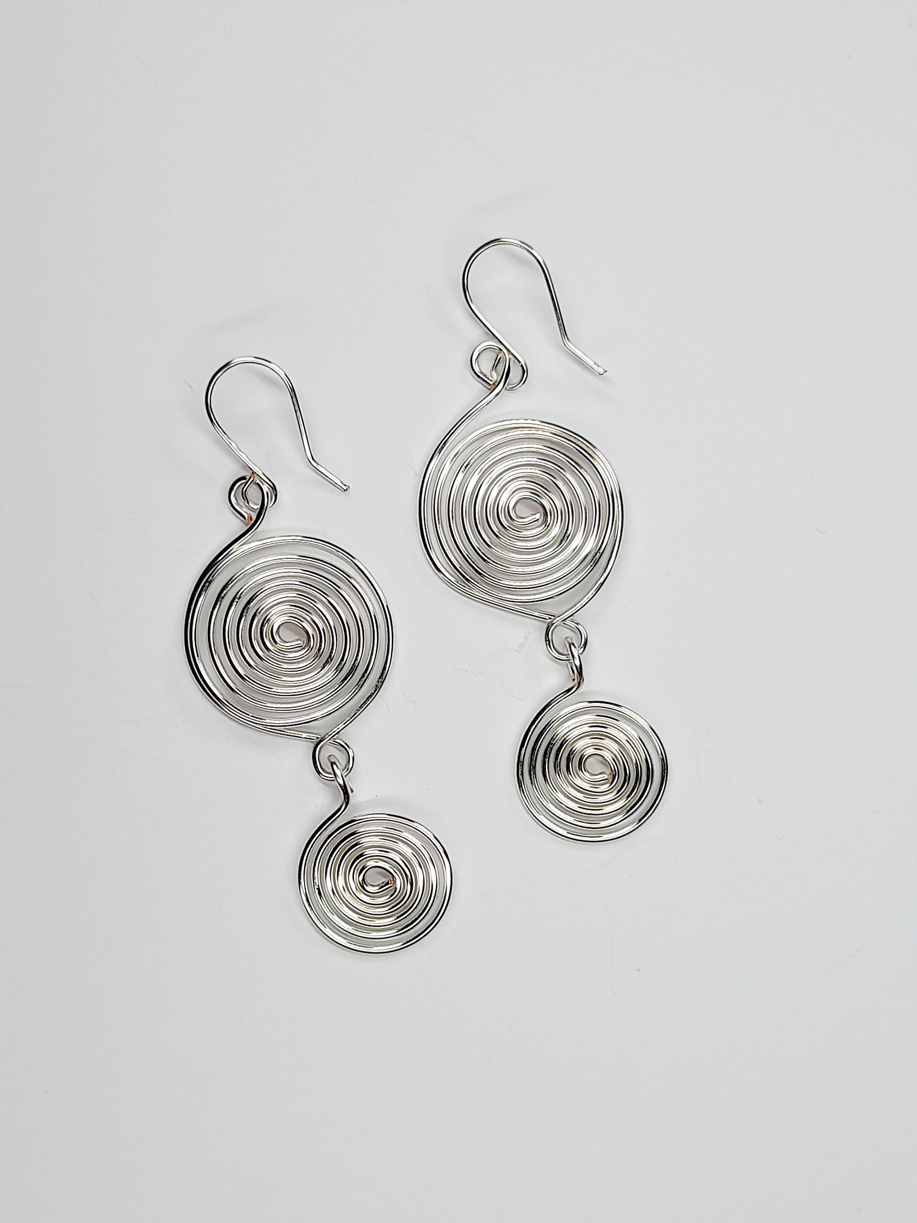Handmade Silver‑Plated Spiral Earrings, Geometric Double‑Spiral Drop Jewellery