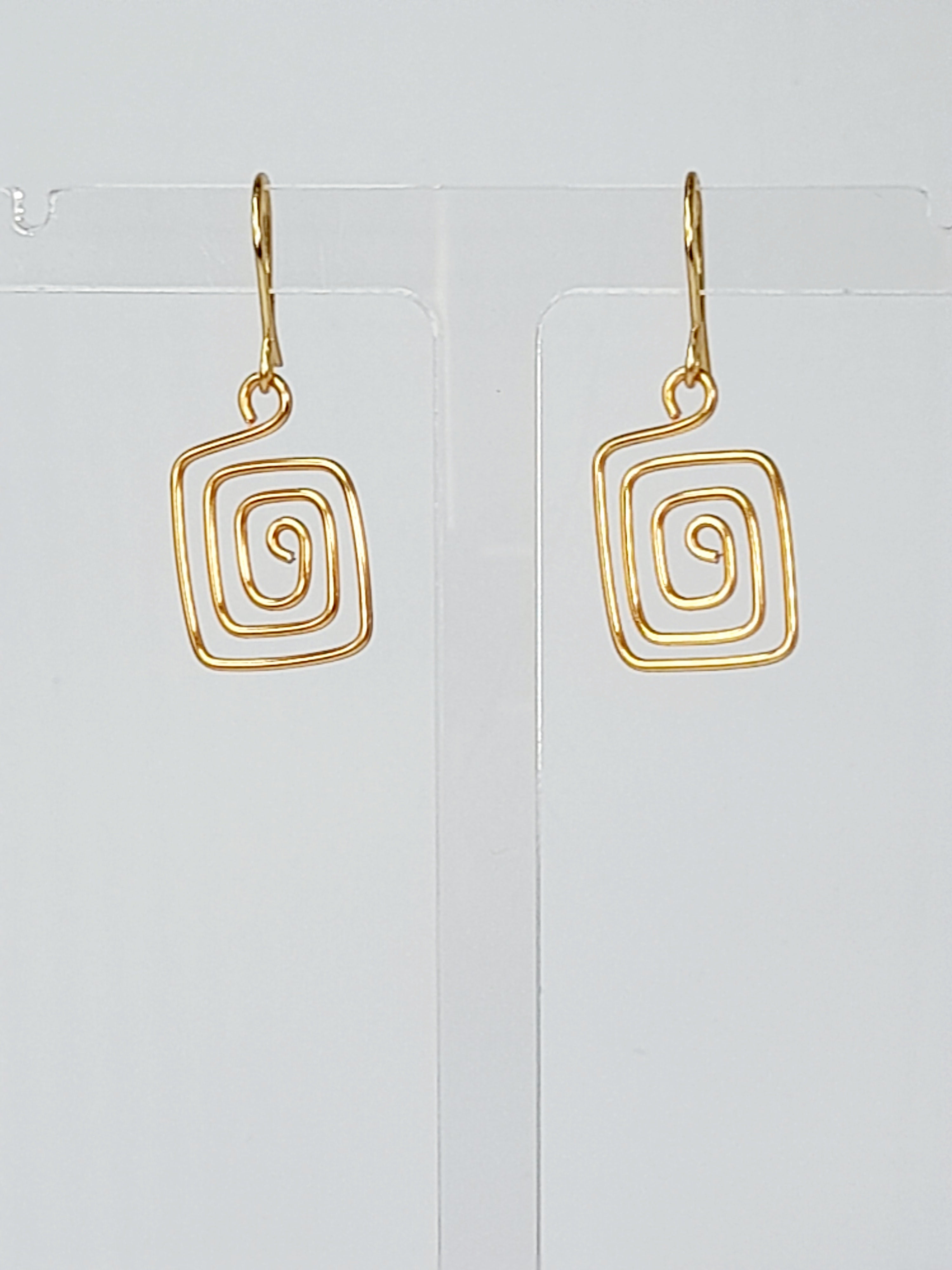 Handmade Gold Spiral Square Earrings, Dainty Lightweight Geometric Drops