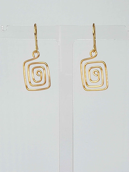 Handmade Gold Spiral Square Earrings, Dainty Lightweight Geometric Drops
