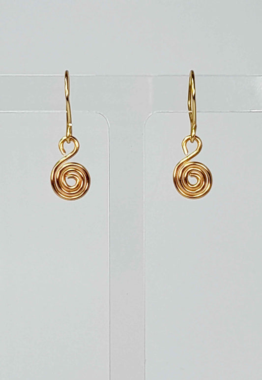 Tiny Gold Spiral Earrings, Handmade Dainty Lightweight Swirl Drops