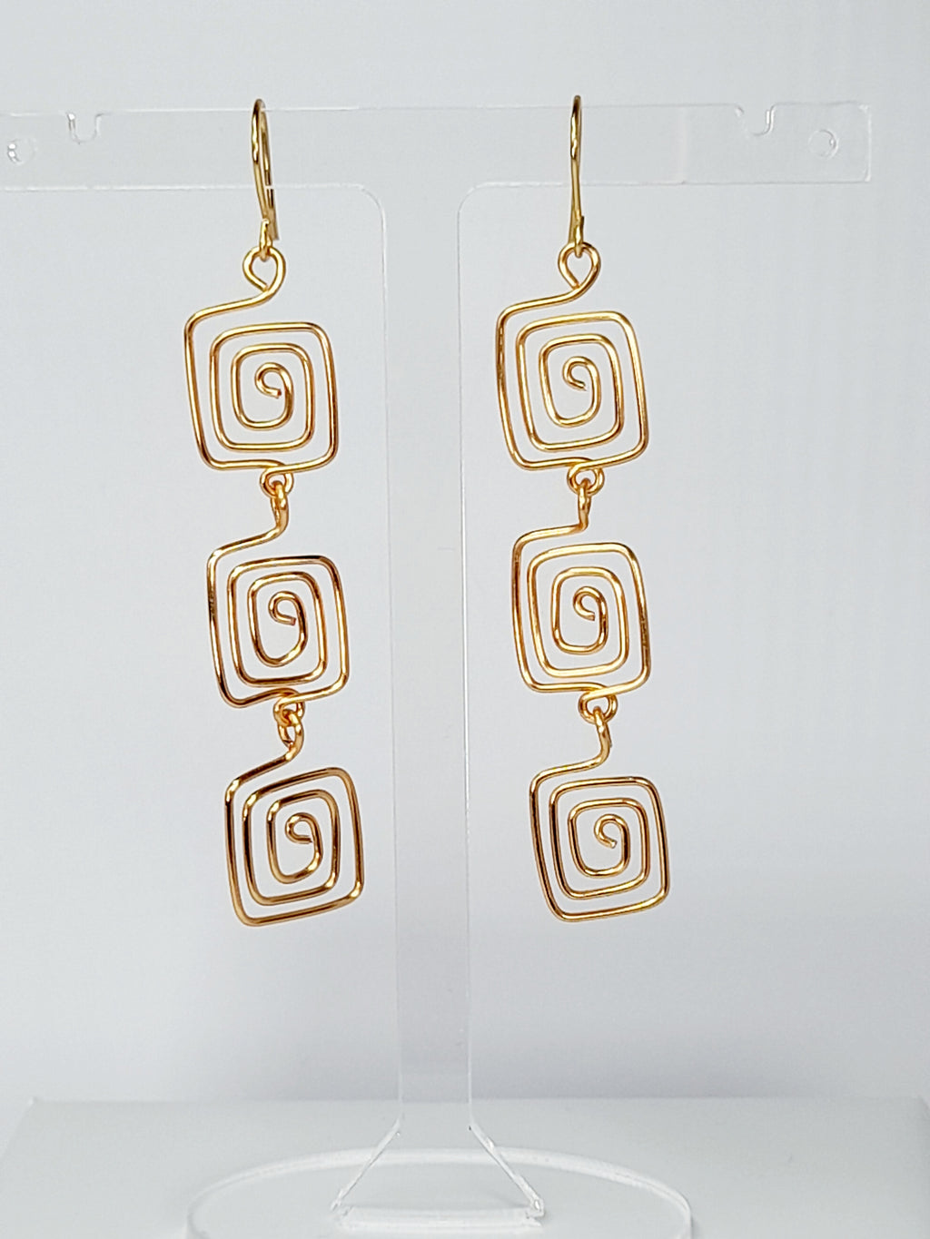 Handmade Gold‑Plated Square Spiral Earrings, Large Geometric Statement Dangle Jewellery