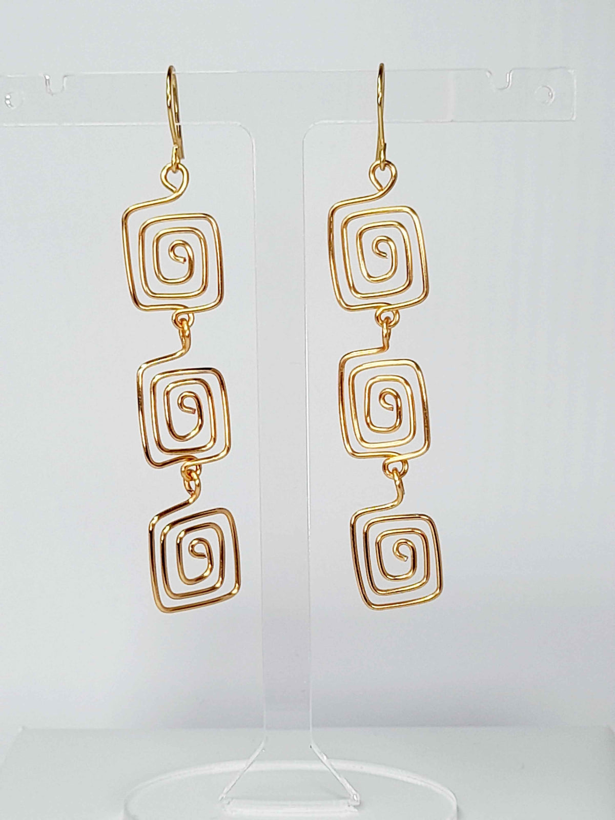 Handmade Gold‑Plated Square Spiral Earrings, Large Geometric Statement Dangle Jewellery