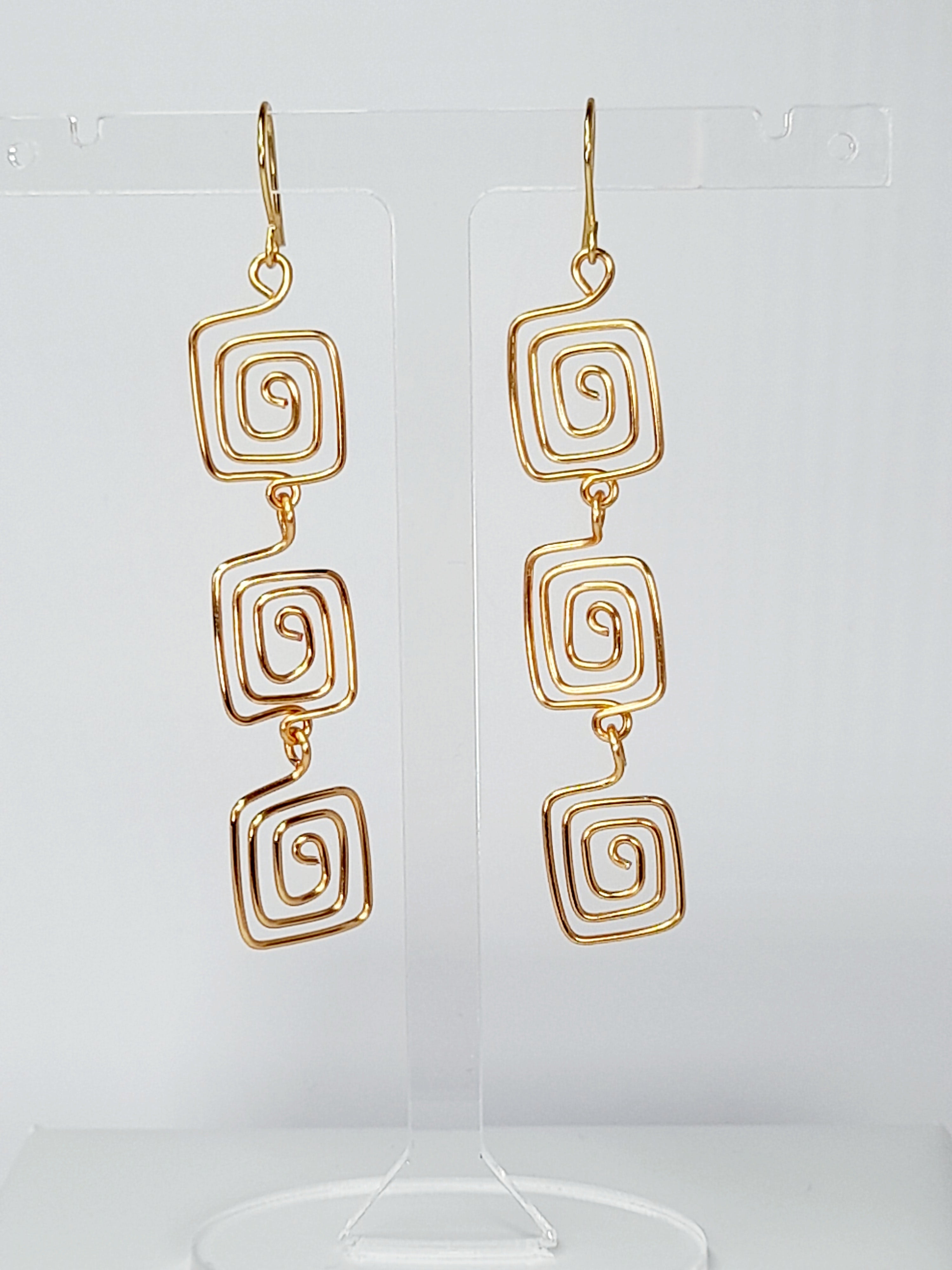 Handmade Gold‑Plated Square Spiral Earrings, Large Geometric Statement Dangle Jewellery