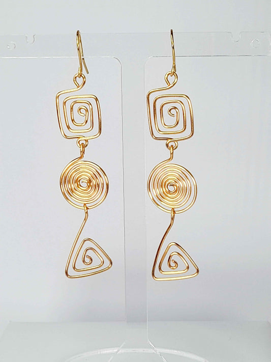 Geometric Gold Spiral Earrings, Handmade Lightweight Statement Dangles
