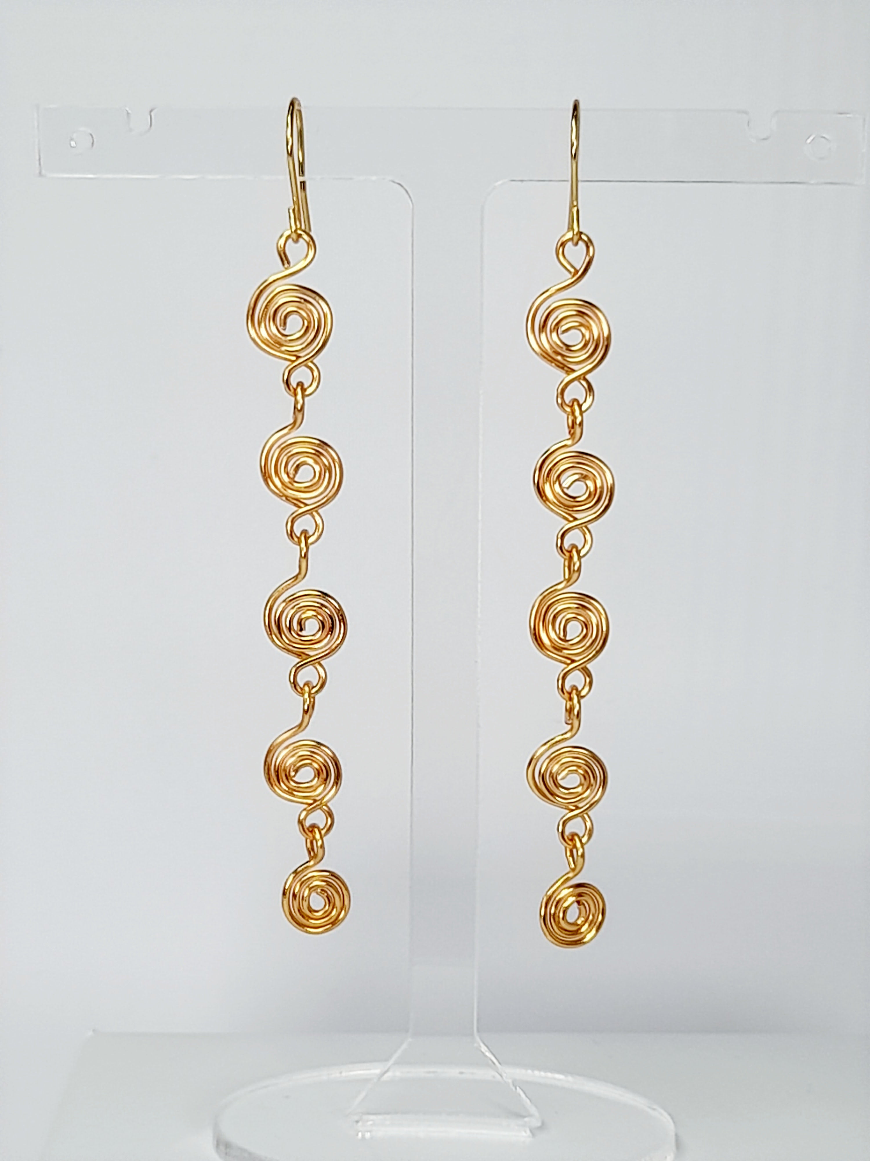 Handmade Gold‑Plated Long Spiral Earrings, Lightweight Five‑Spiral Geometric Dangle Jewellery